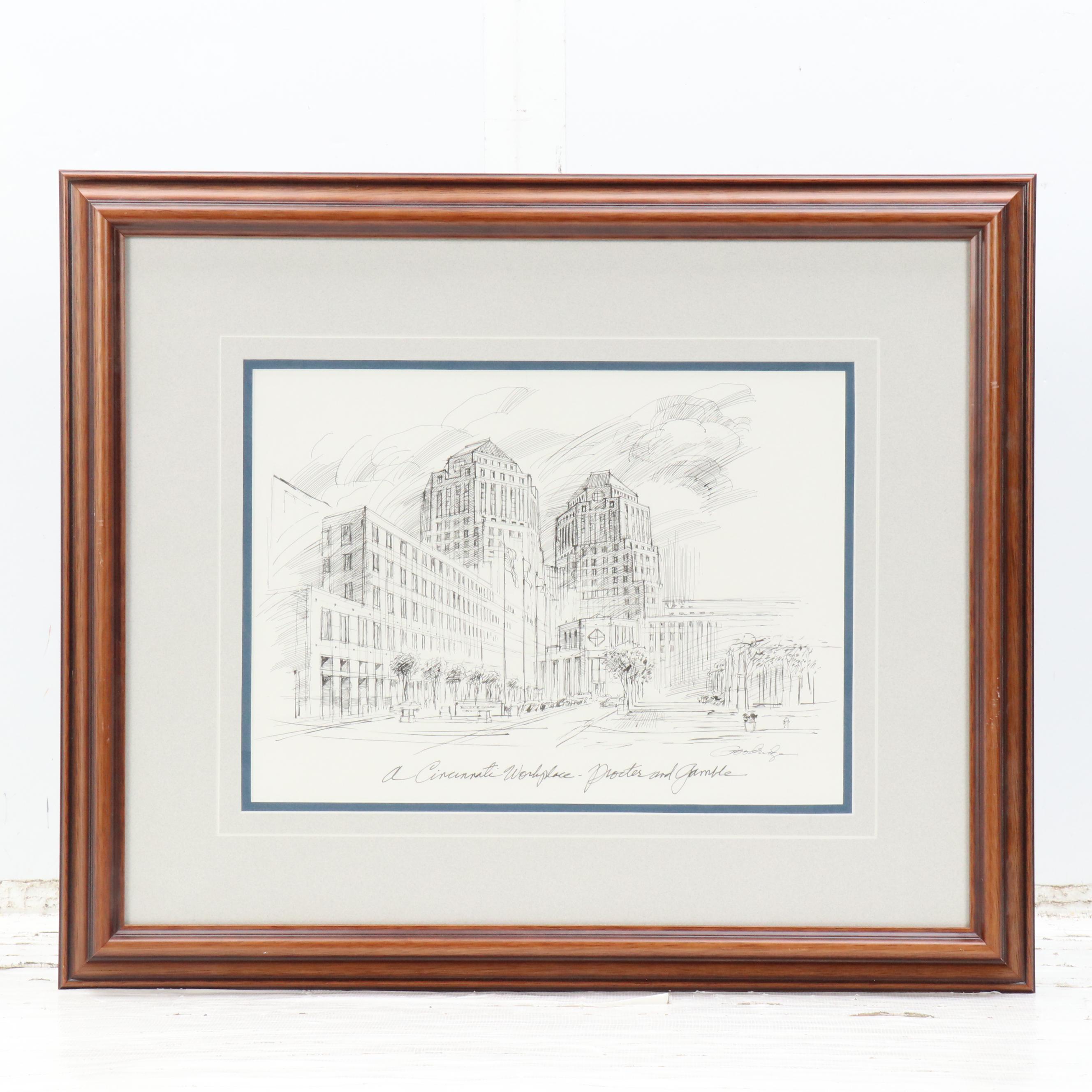 Lawrence Goodridge Ink Drawing "A Cincinnati Workplace..." and Other Print
