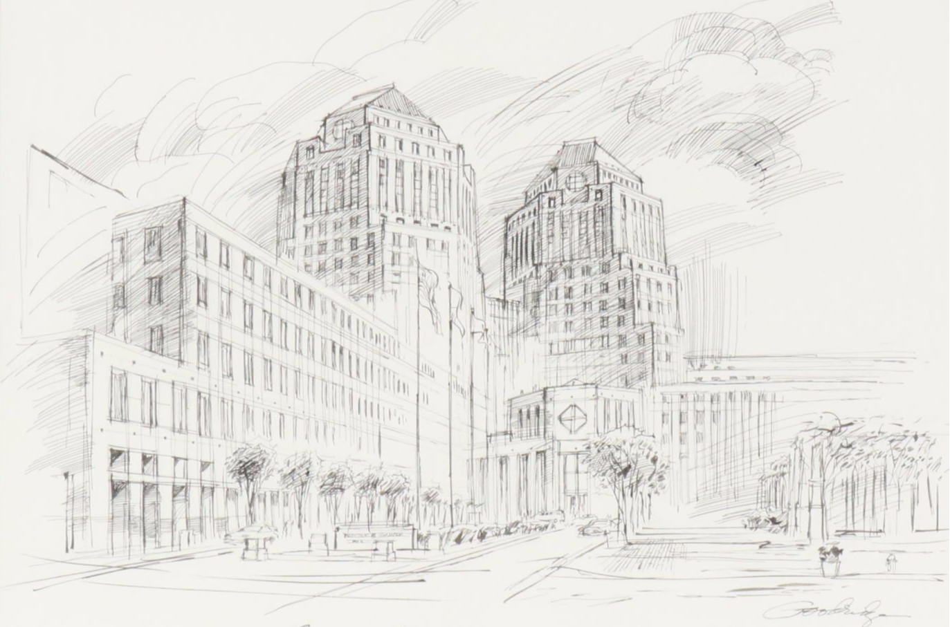 Lawrence Goodridge Ink Drawing "A Cincinnati Workplace..." and Other Print