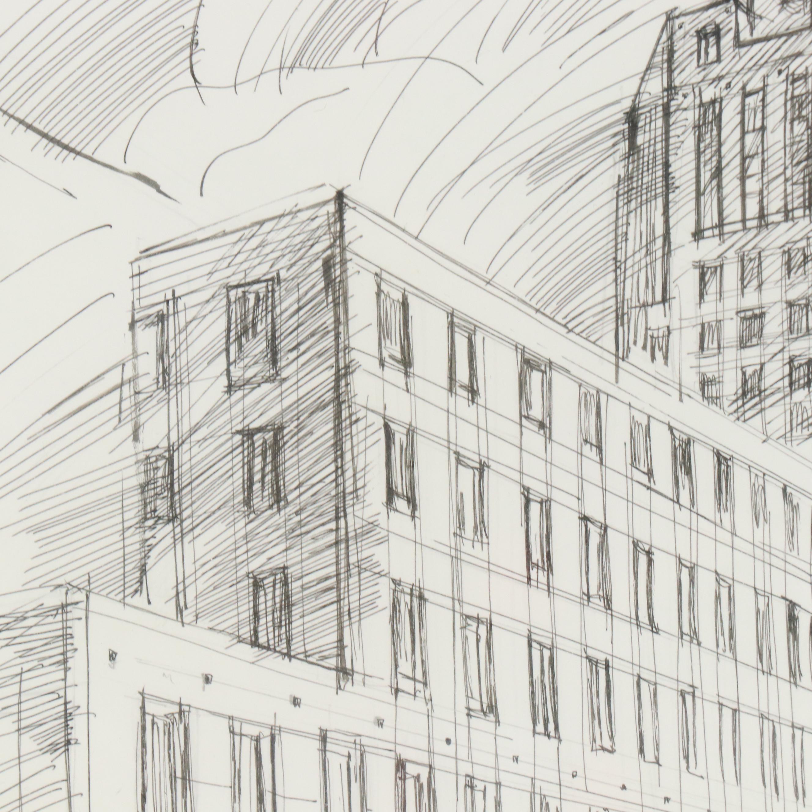 Lawrence Goodridge Ink Drawing "A Cincinnati Workplace..." and Other Print