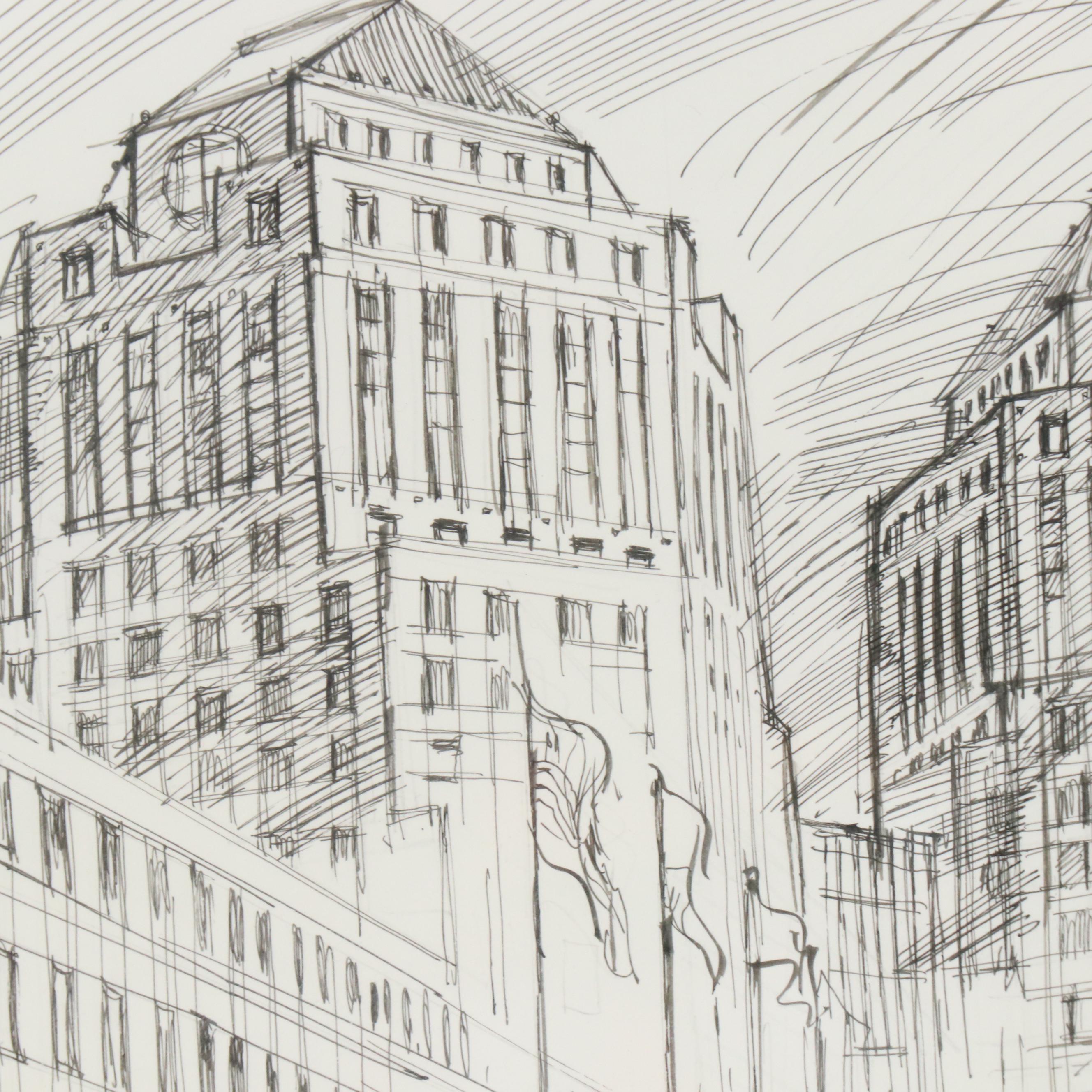 Lawrence Goodridge Ink Drawing "A Cincinnati Workplace..." and Other Print