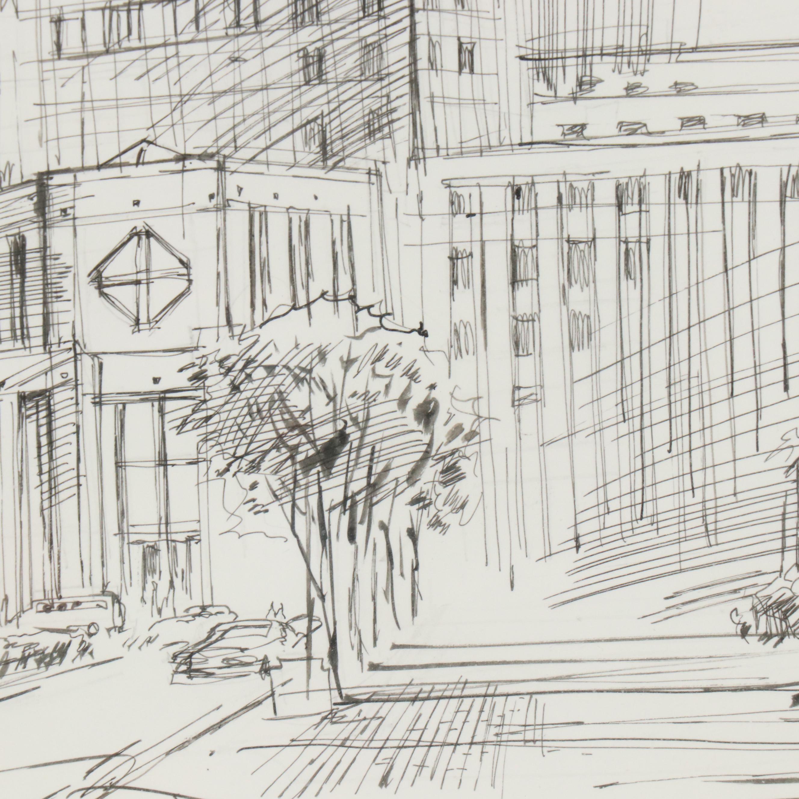 Lawrence Goodridge Ink Drawing "A Cincinnati Workplace..." and Other Print