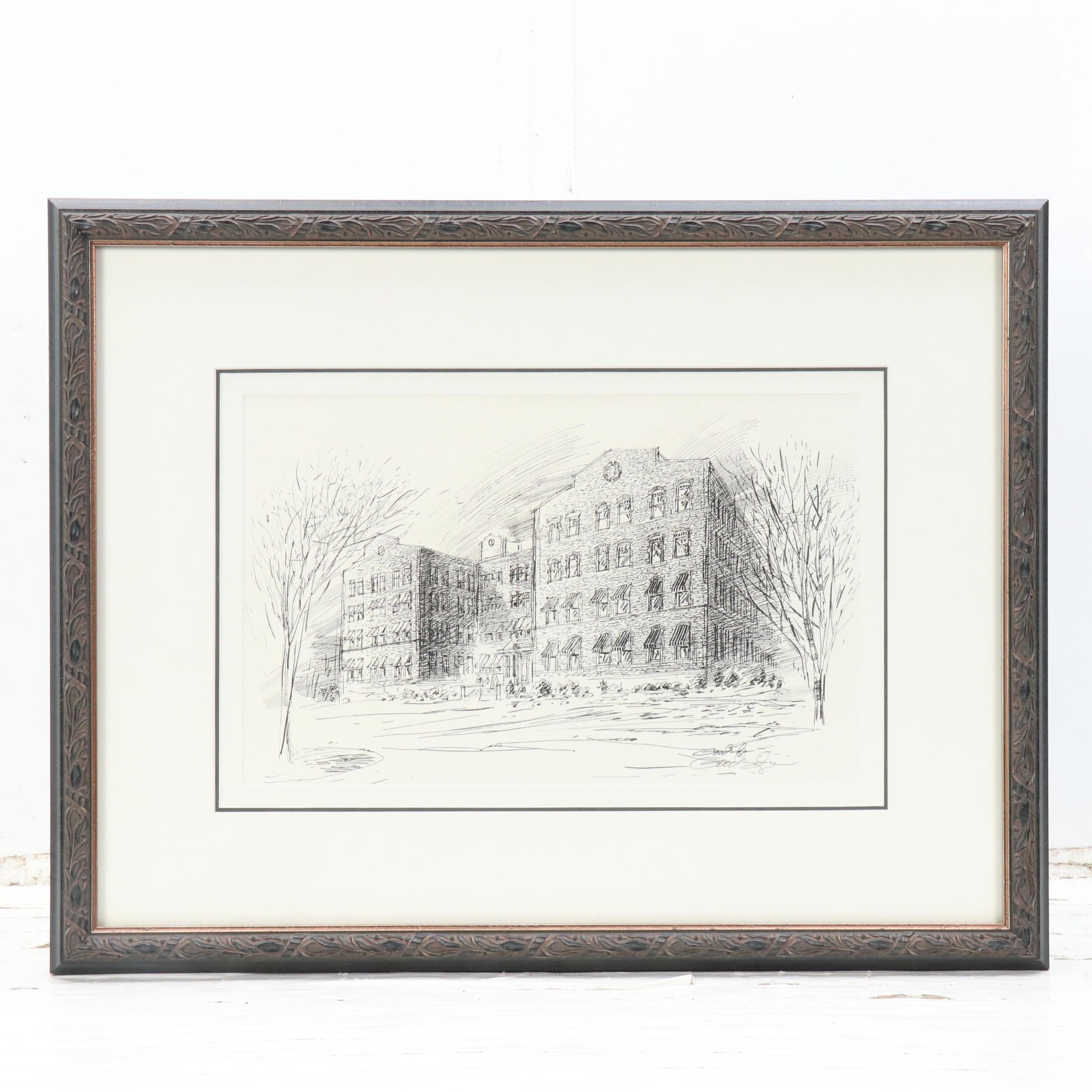 Lawrence Goodridge Ink Drawing "A Cincinnati Workplace..." and Other Print
