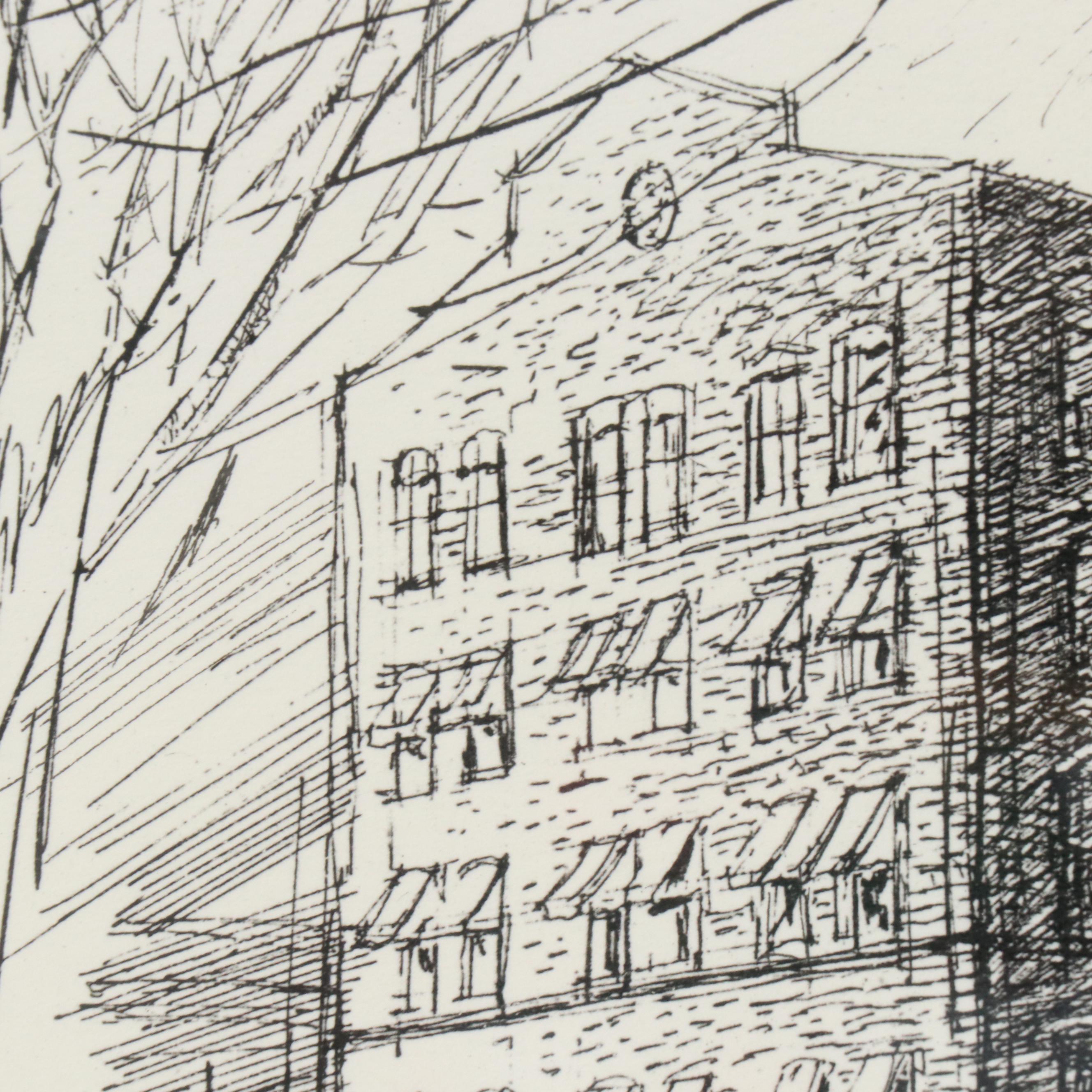 Lawrence Goodridge Ink Drawing "A Cincinnati Workplace..." and Other Print