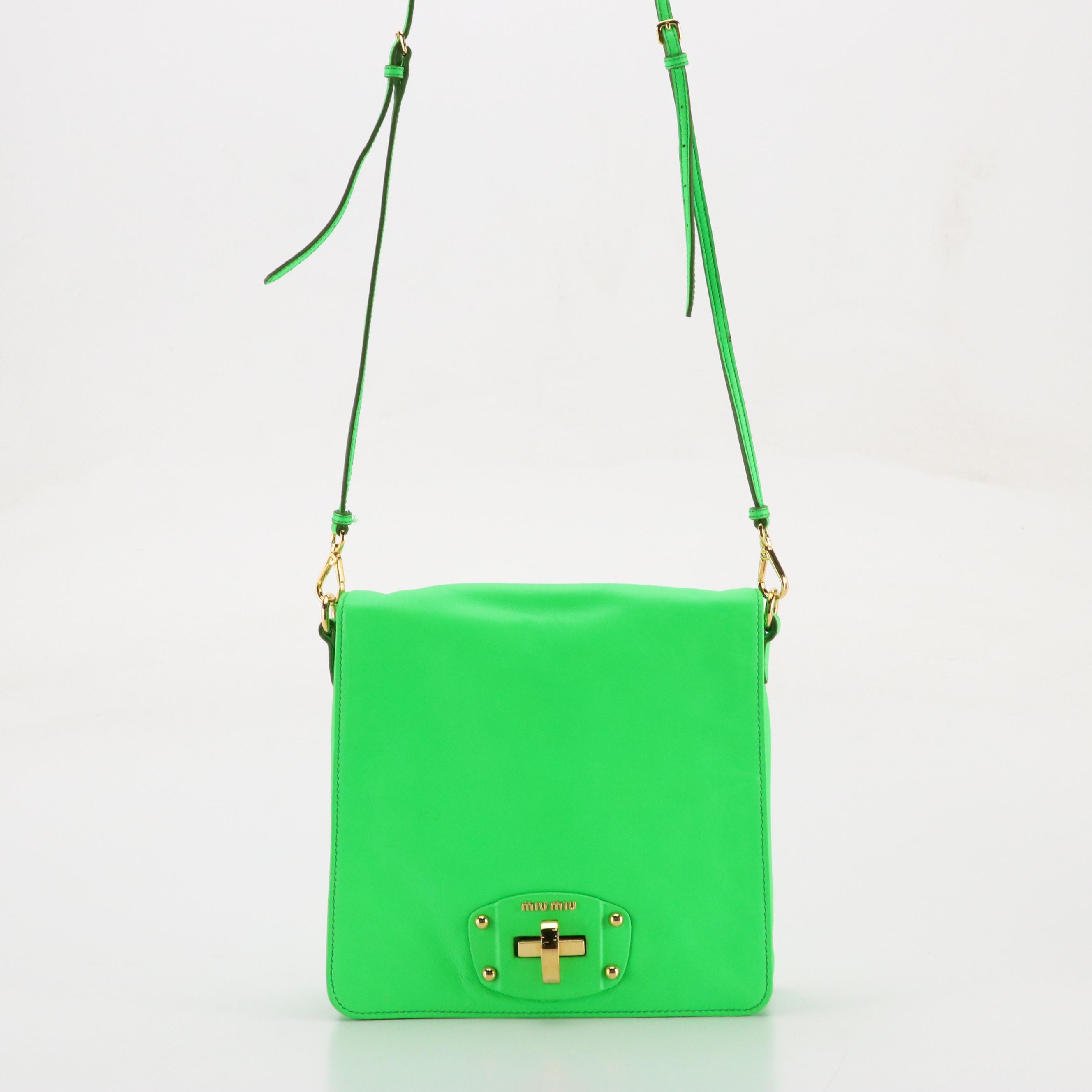 Miu Miu Wing Strap Two-Way Messenger Bag in Neon Green Lambskin Leather