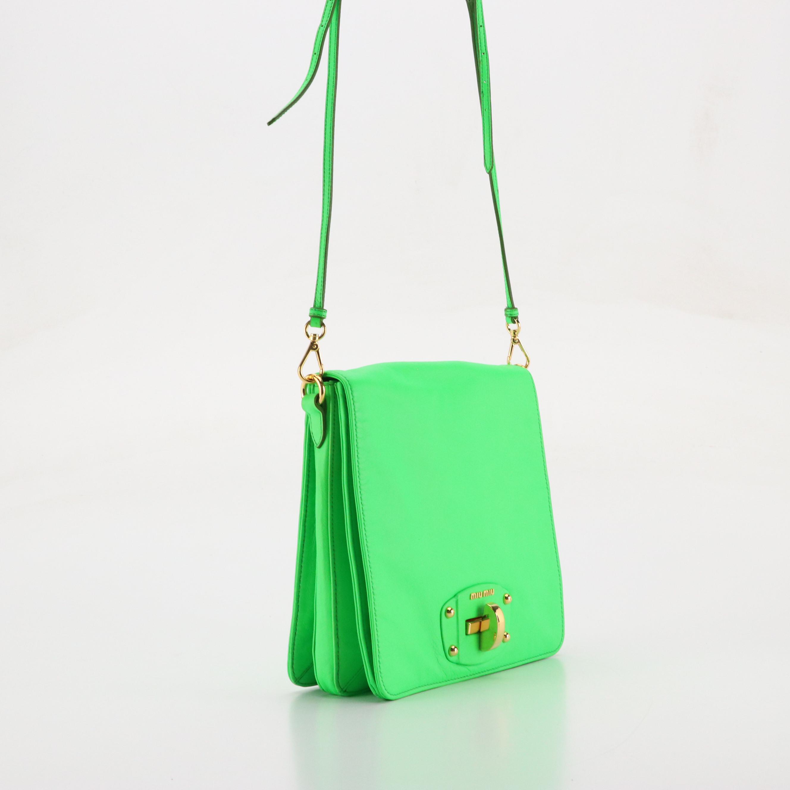 Miu Miu Wing Strap Two-Way Messenger Bag in Neon Green Lambskin Leather