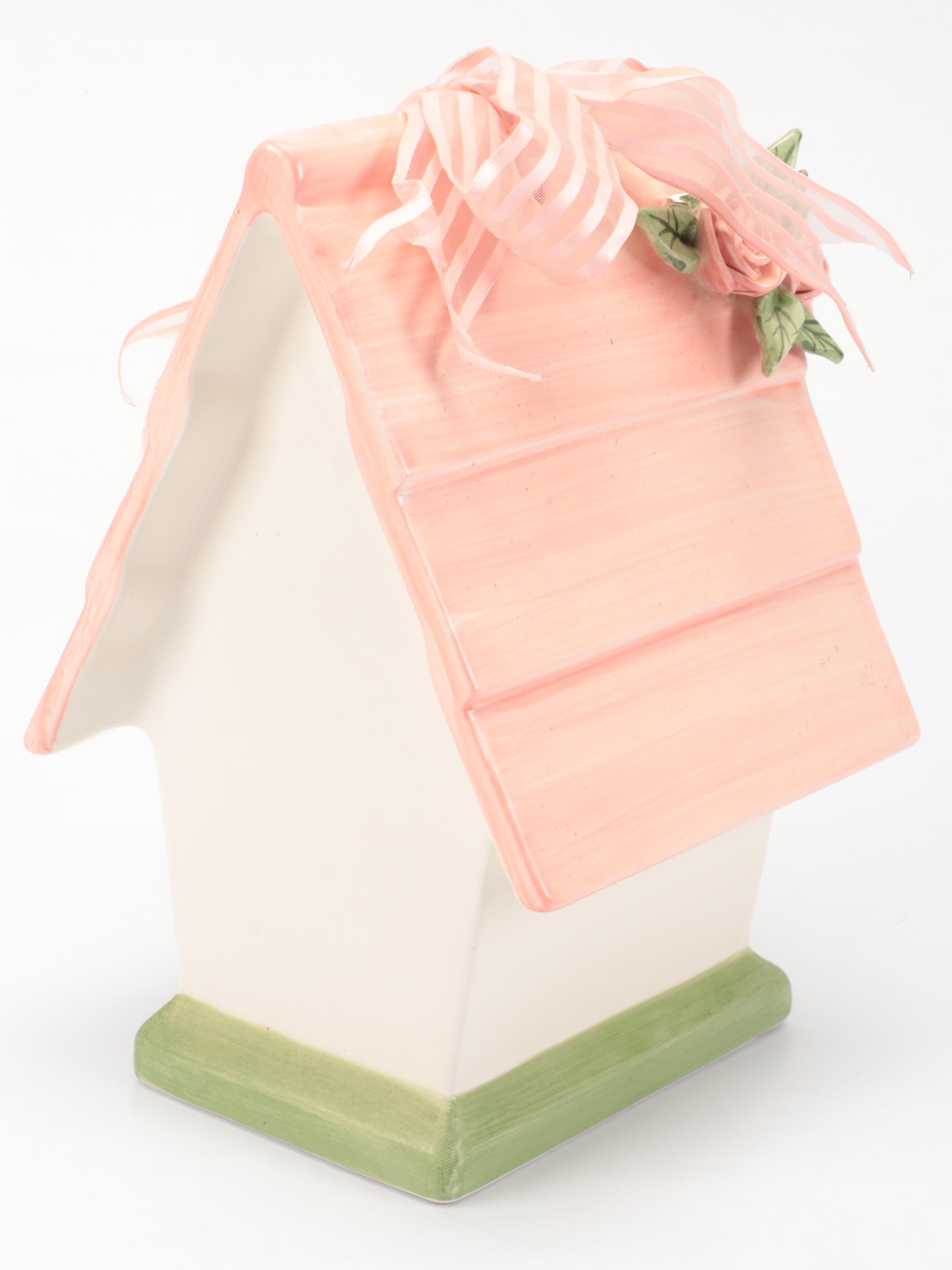 Los Angeles Pottery Pitcher, Mudpie Ceramic Birdhouse, and Tulip Ceramic Teapot