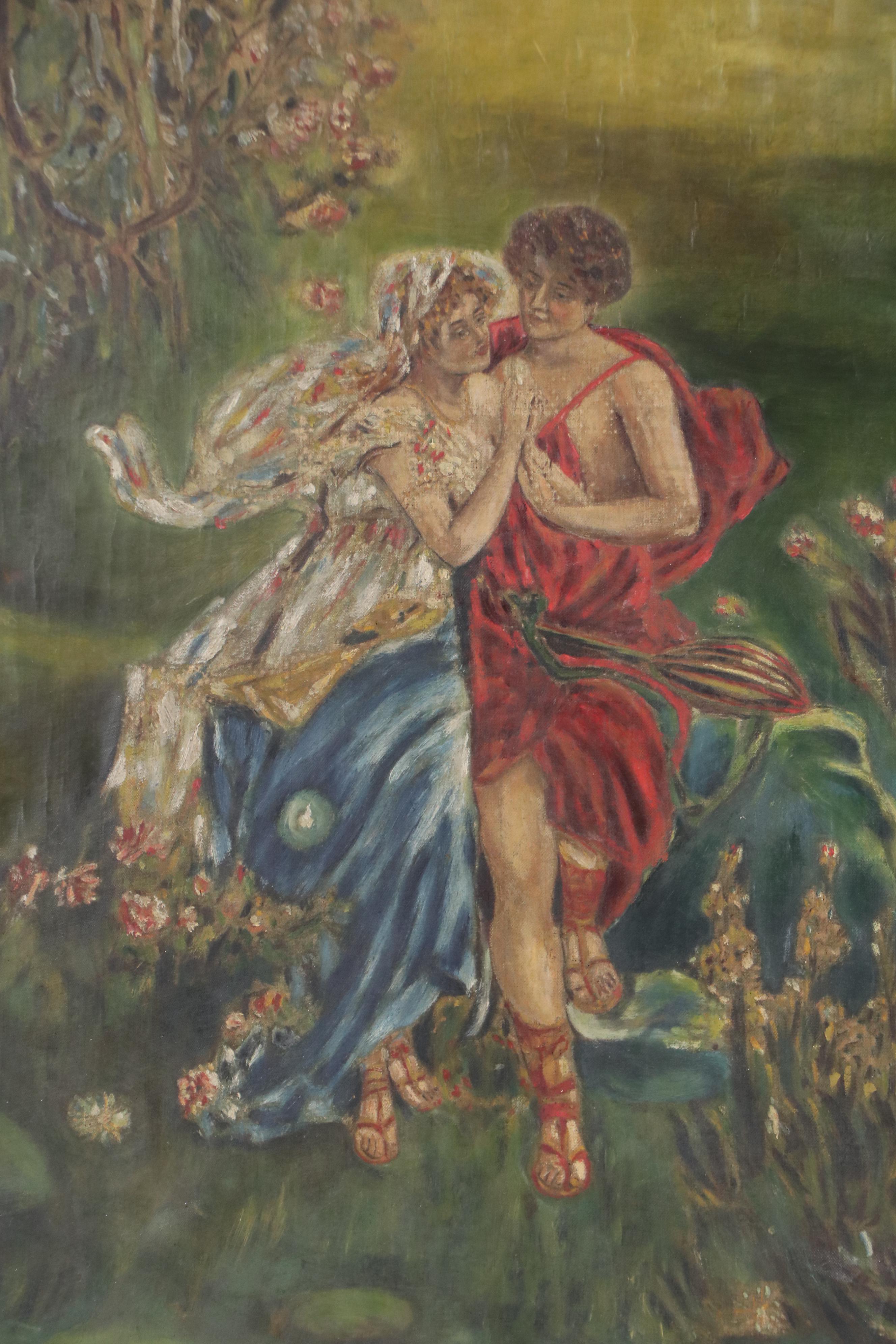 Allegorical Classical-Inspired Oil Painting of Lovers Walking in Field