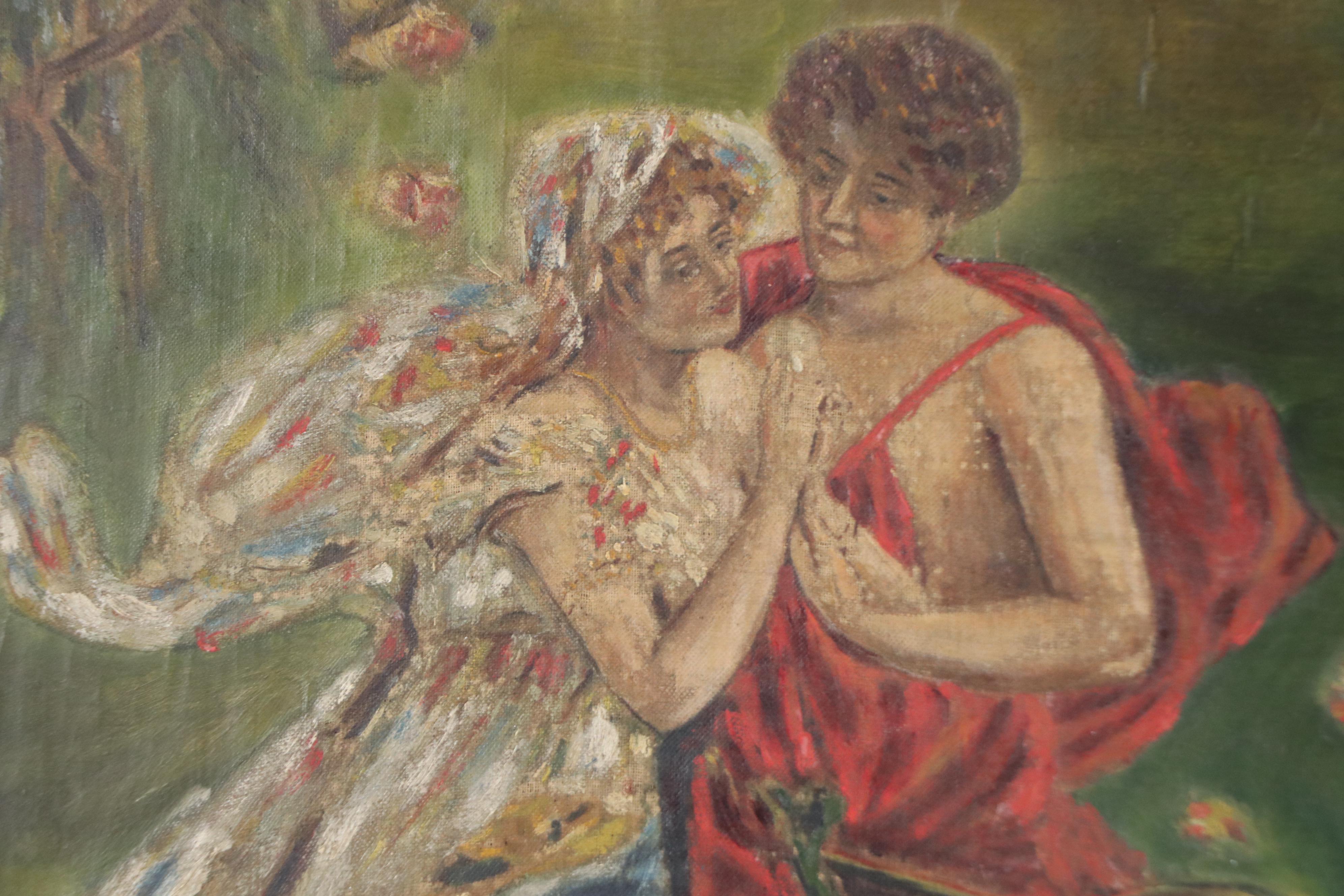 Allegorical Classical-Inspired Oil Painting of Lovers Walking in Field