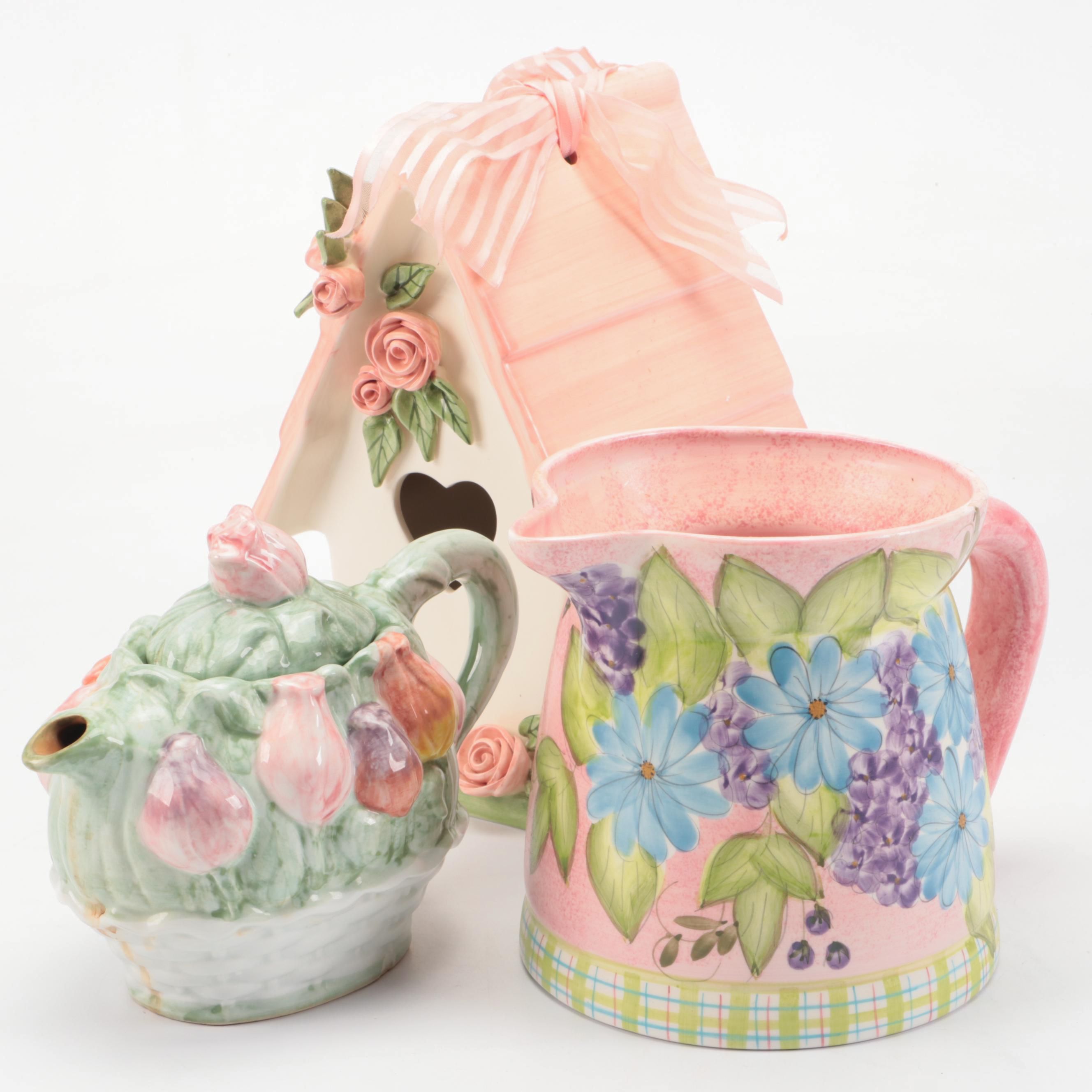 Los Angeles Pottery Pitcher, Mudpie Ceramic Birdhouse, and Tulip Ceramic Teapot