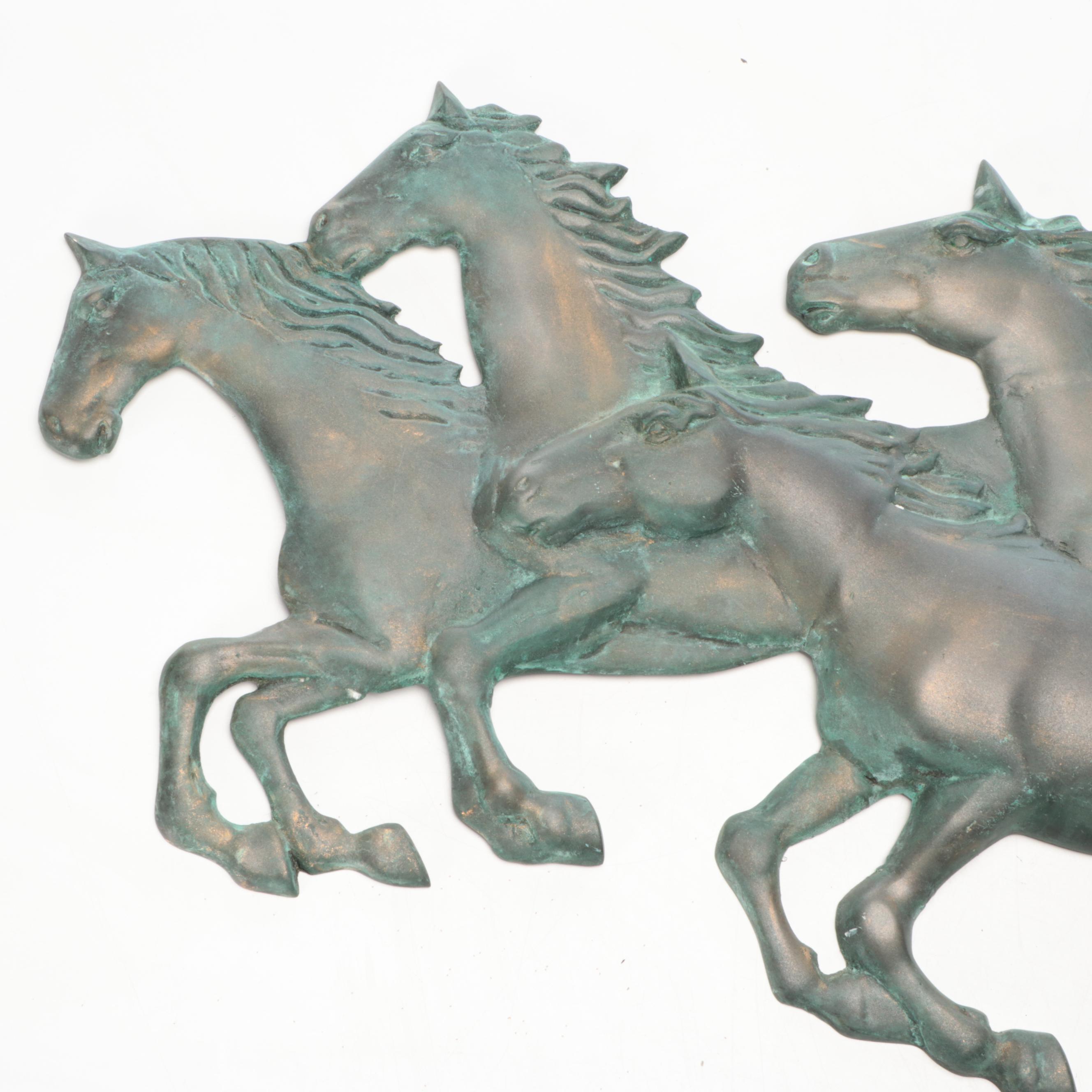 Patinated Cast Metal Galloping Horses Wall Hanging