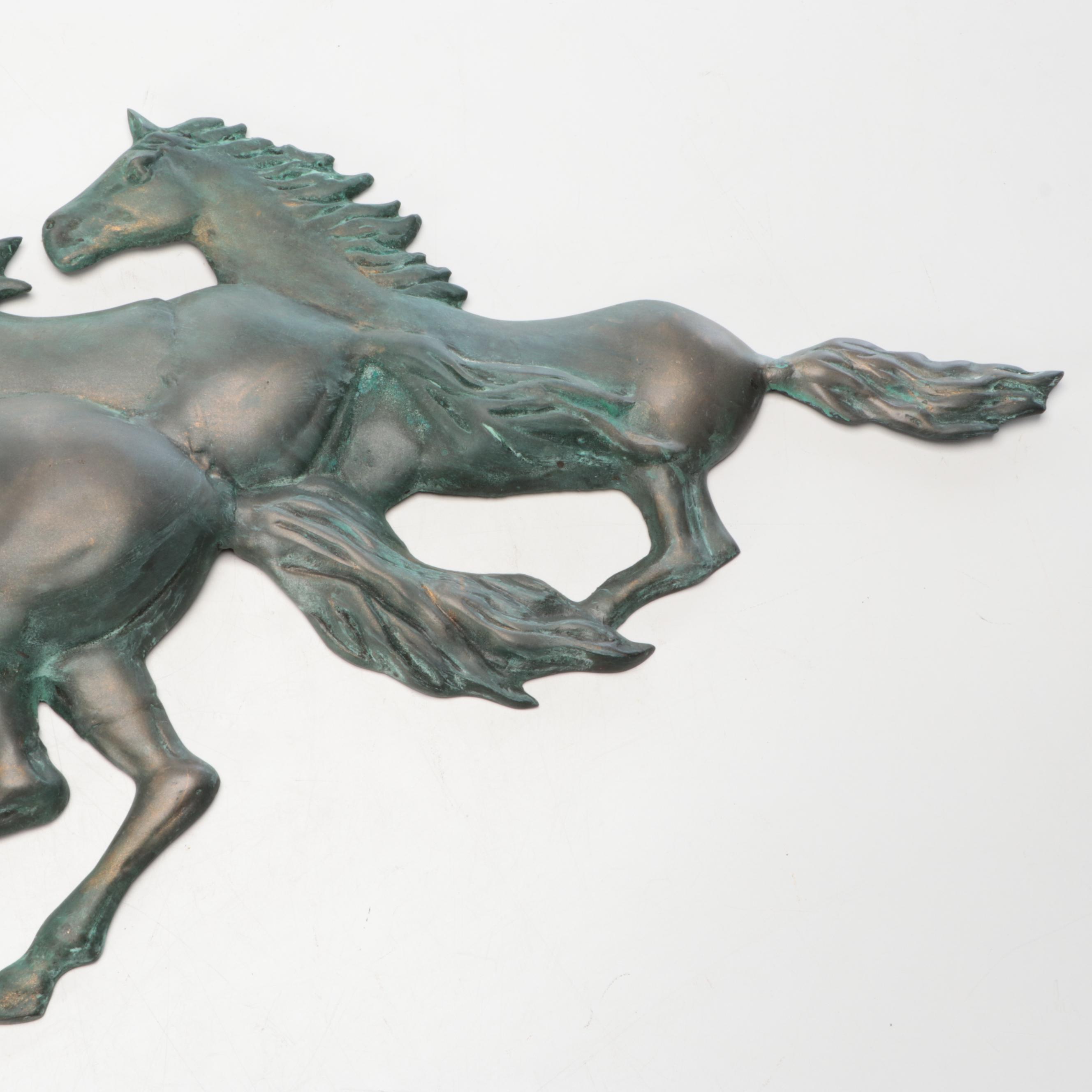 Patinated Cast Metal Galloping Horses Wall Hanging