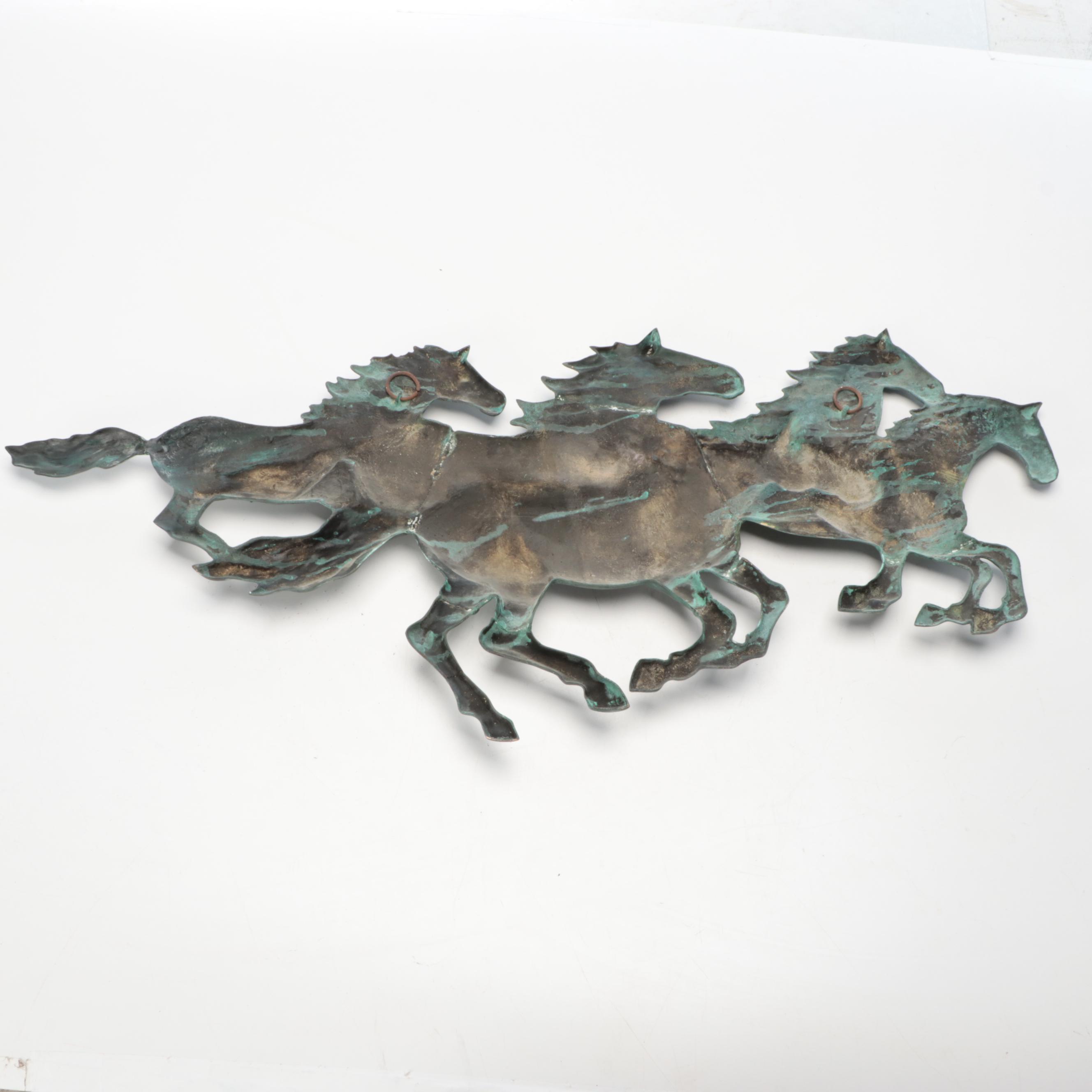 Patinated Cast Metal Galloping Horses Wall Hanging