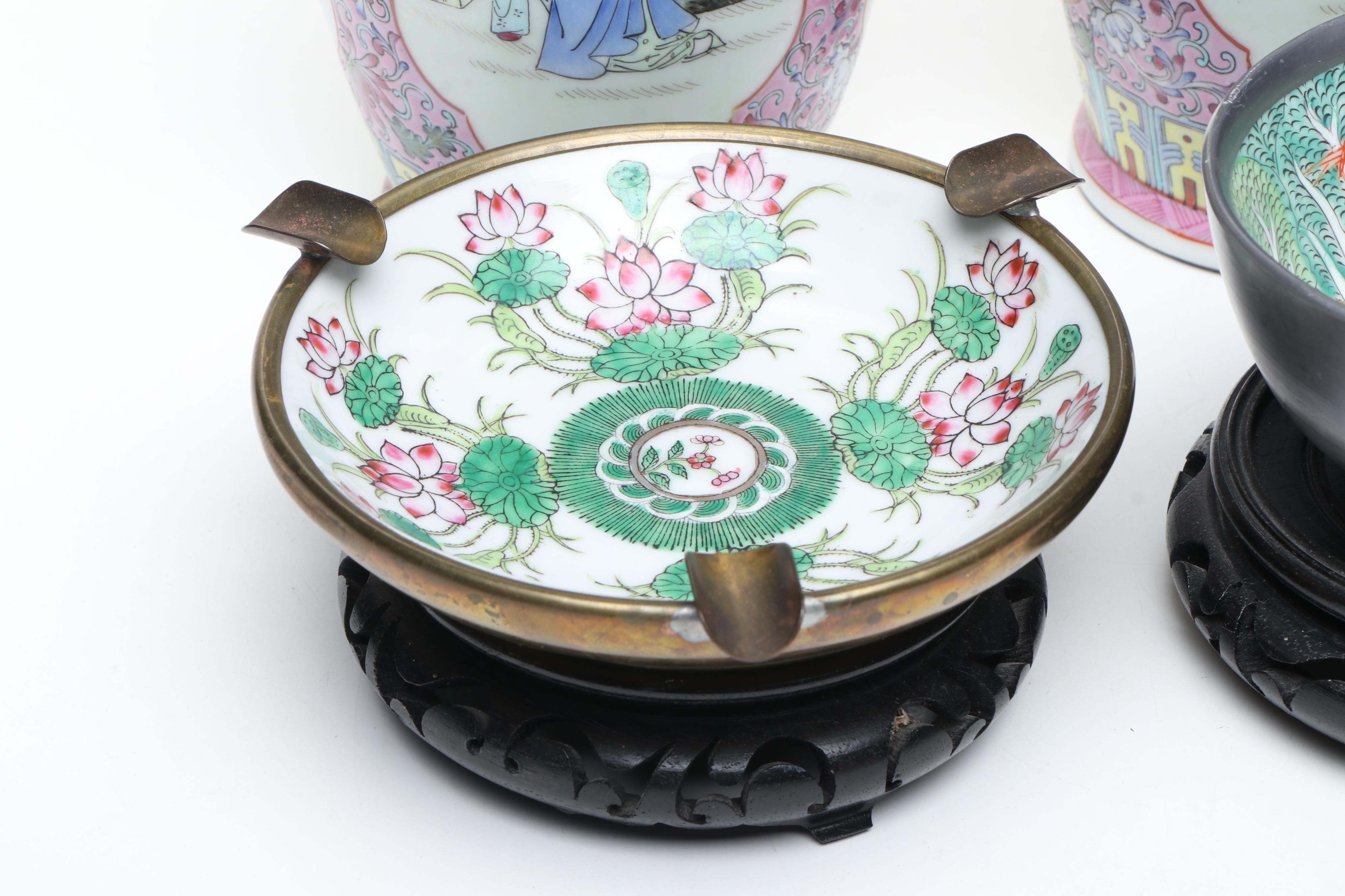 Famille Rose Porcelain Vases with Famille Verte Porcelain Ashtray and Bowl
