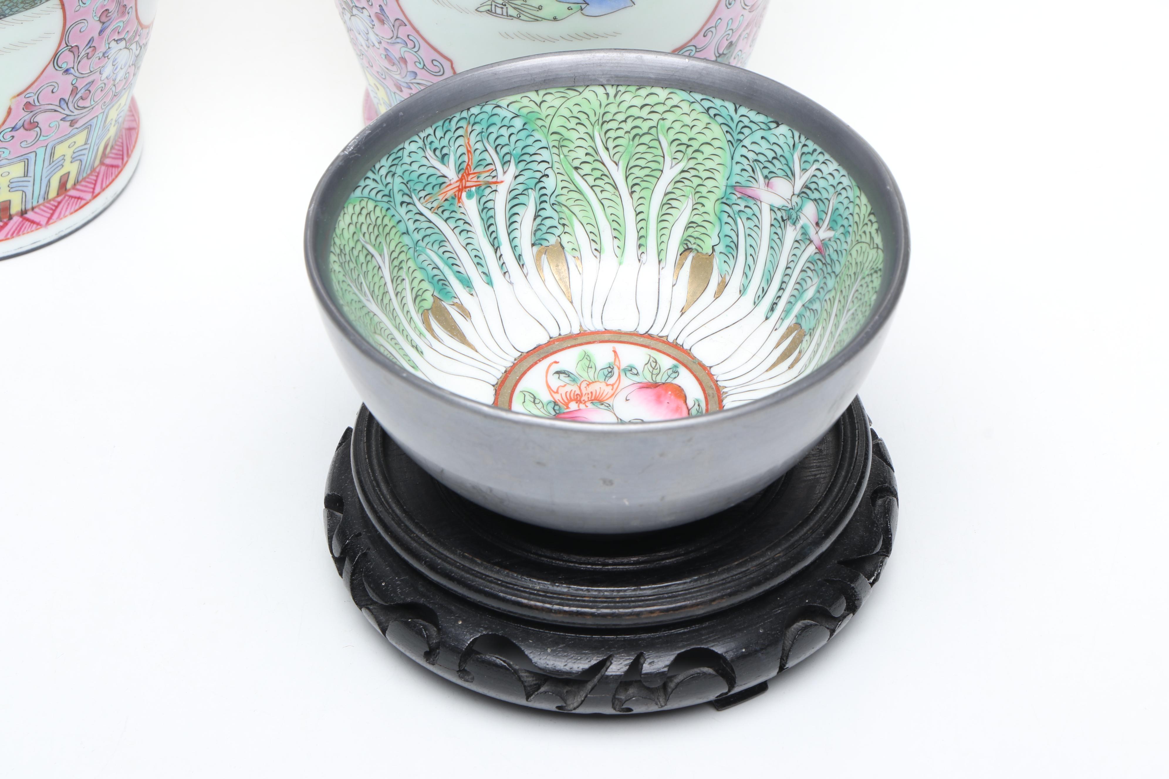 Famille Rose Porcelain Vases with Famille Verte Porcelain Ashtray and Bowl