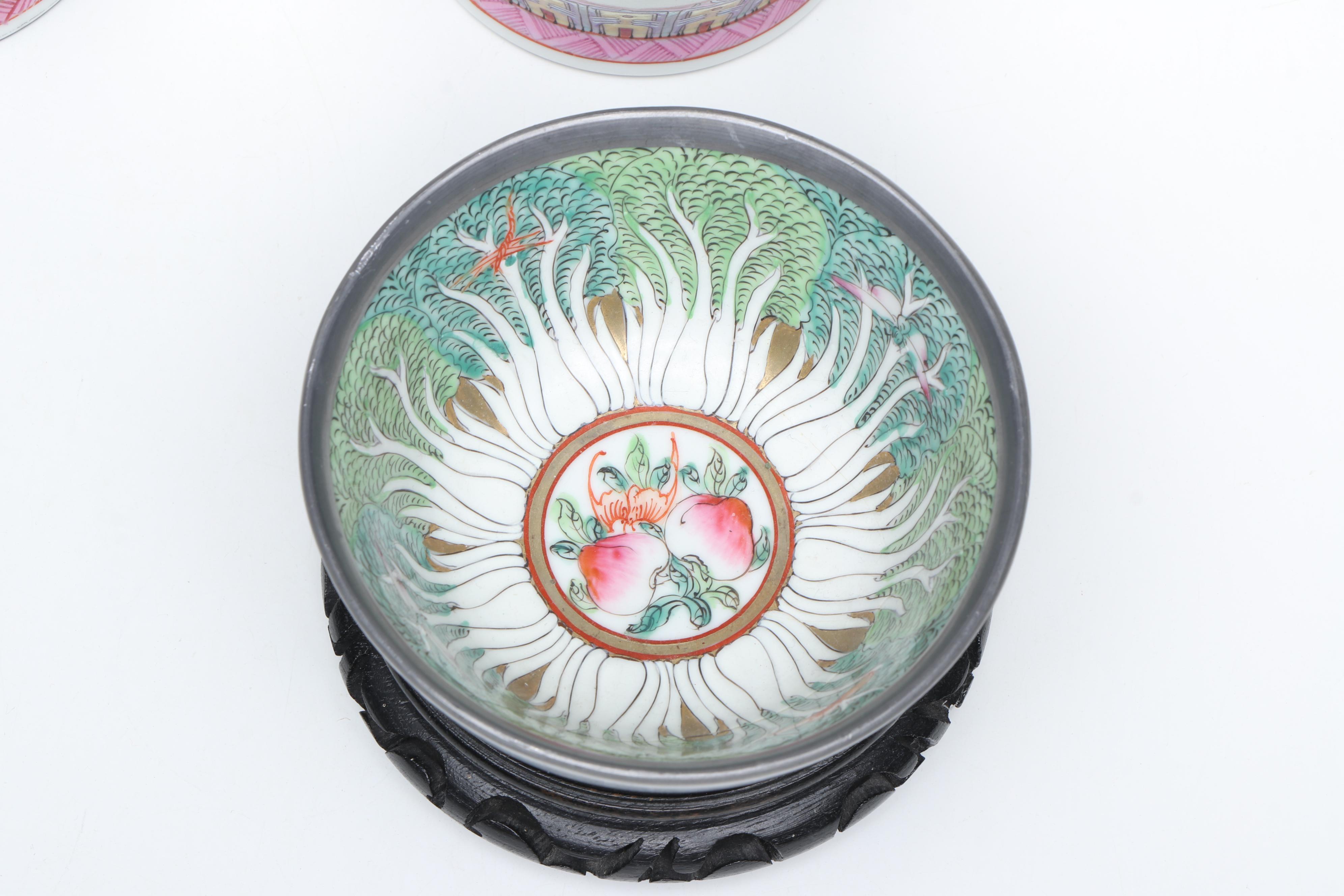 Famille Rose Porcelain Vases with Famille Verte Porcelain Ashtray and Bowl