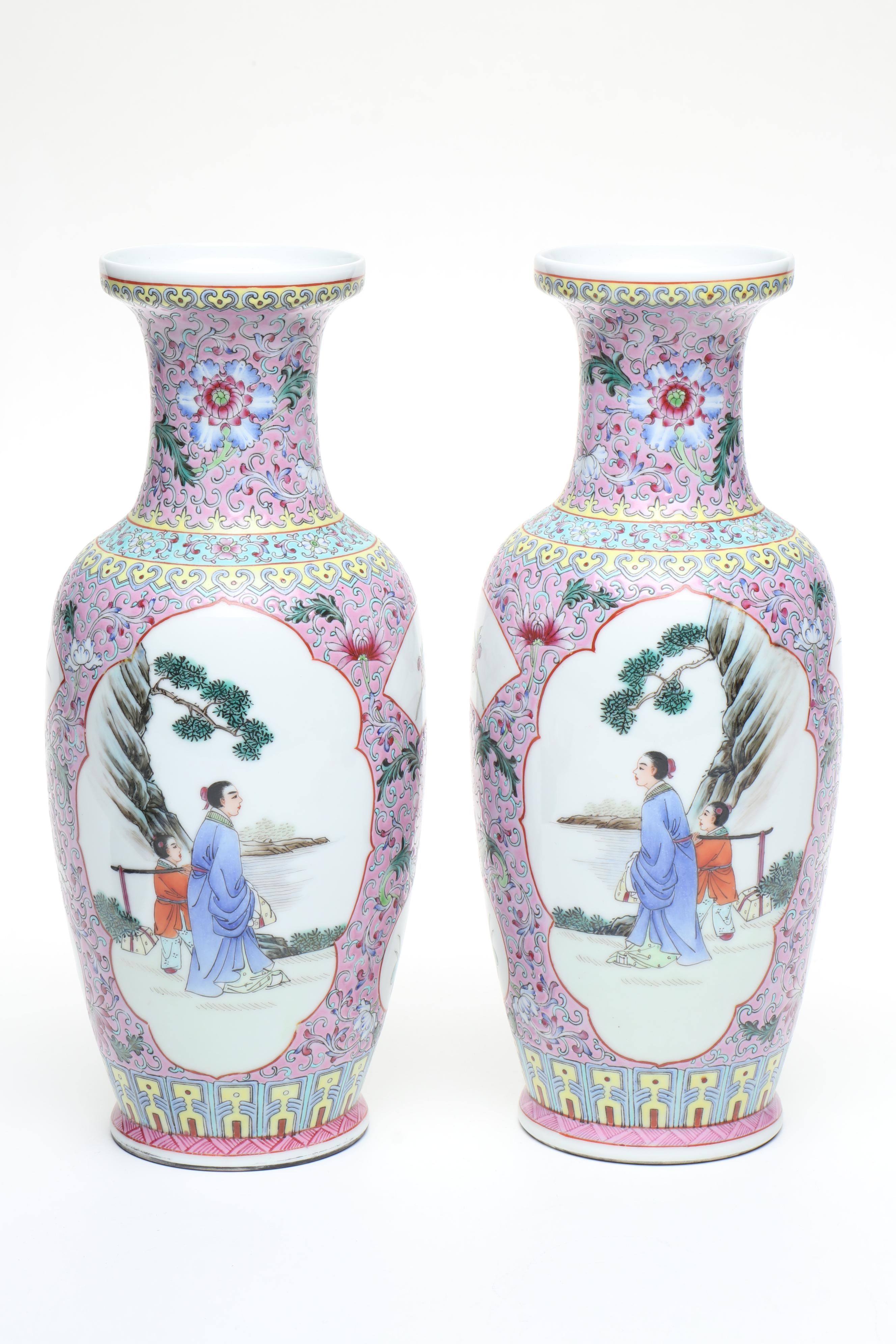 Famille Rose Porcelain Vases with Famille Verte Porcelain Ashtray and Bowl