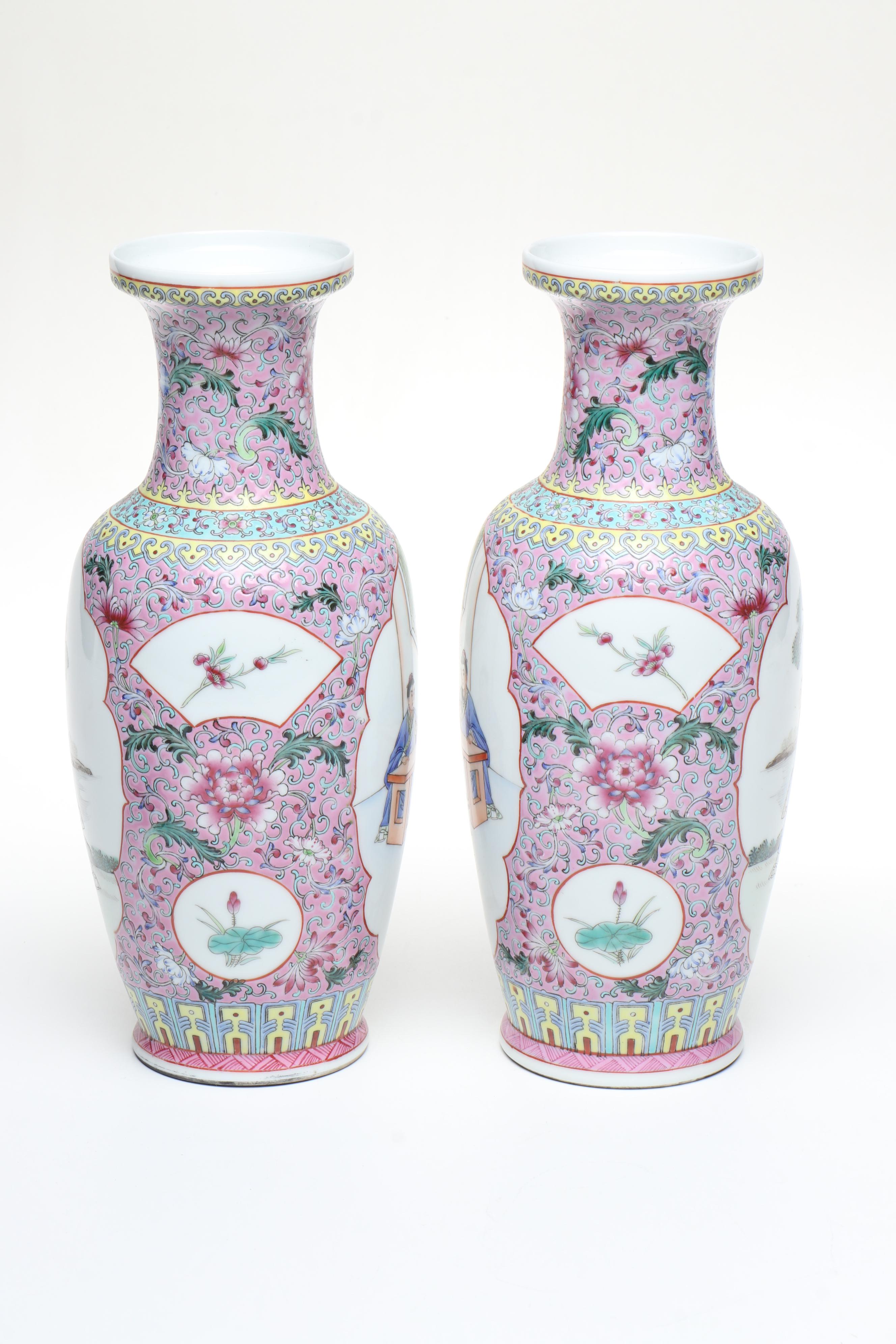 Famille Rose Porcelain Vases with Famille Verte Porcelain Ashtray and Bowl