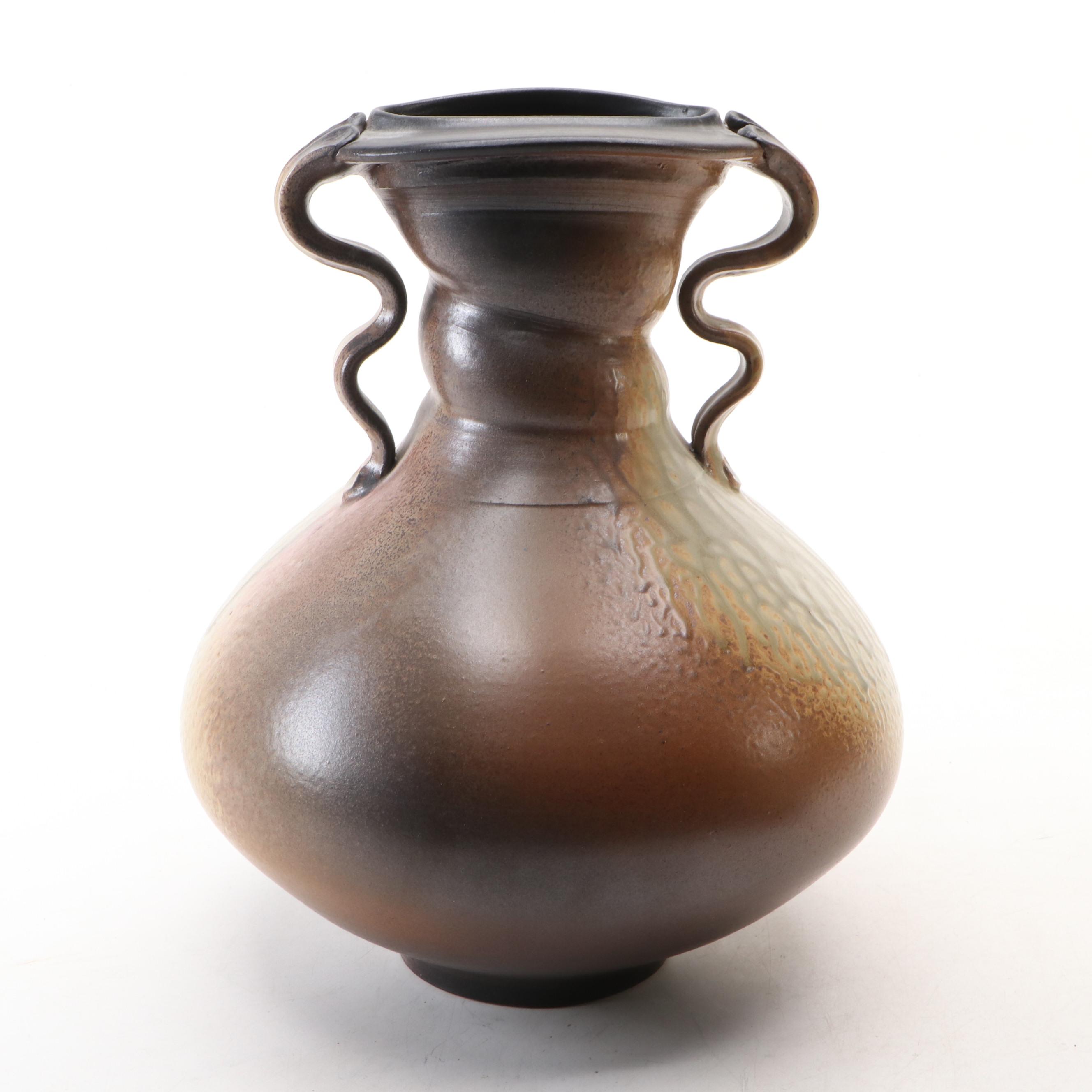 Polo Ramirez Pinched Bulb Pot with Serpent Handle Art Pottery Textured Vase