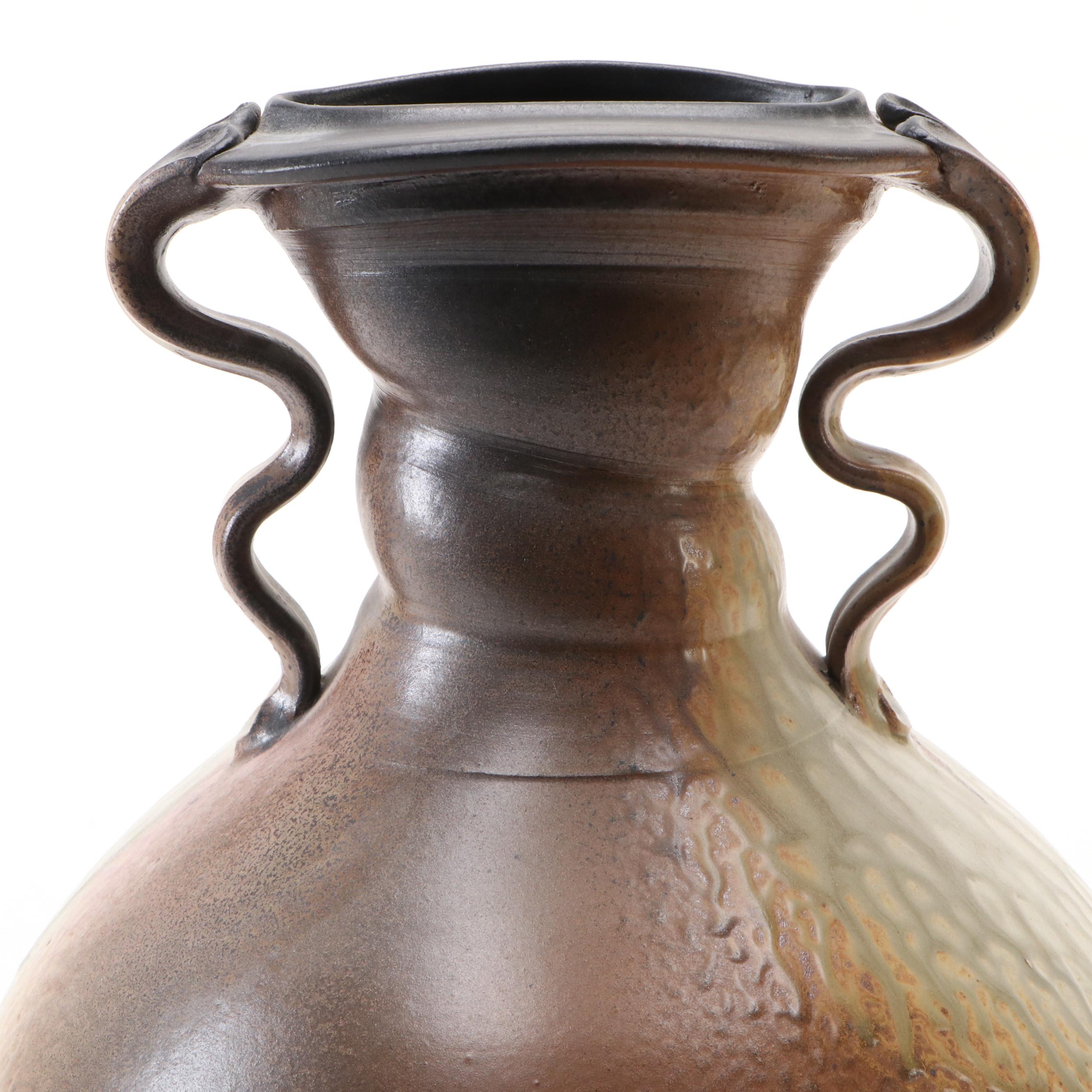 Polo Ramirez Pinched Bulb Pot with Serpent Handle Art Pottery Textured Vase