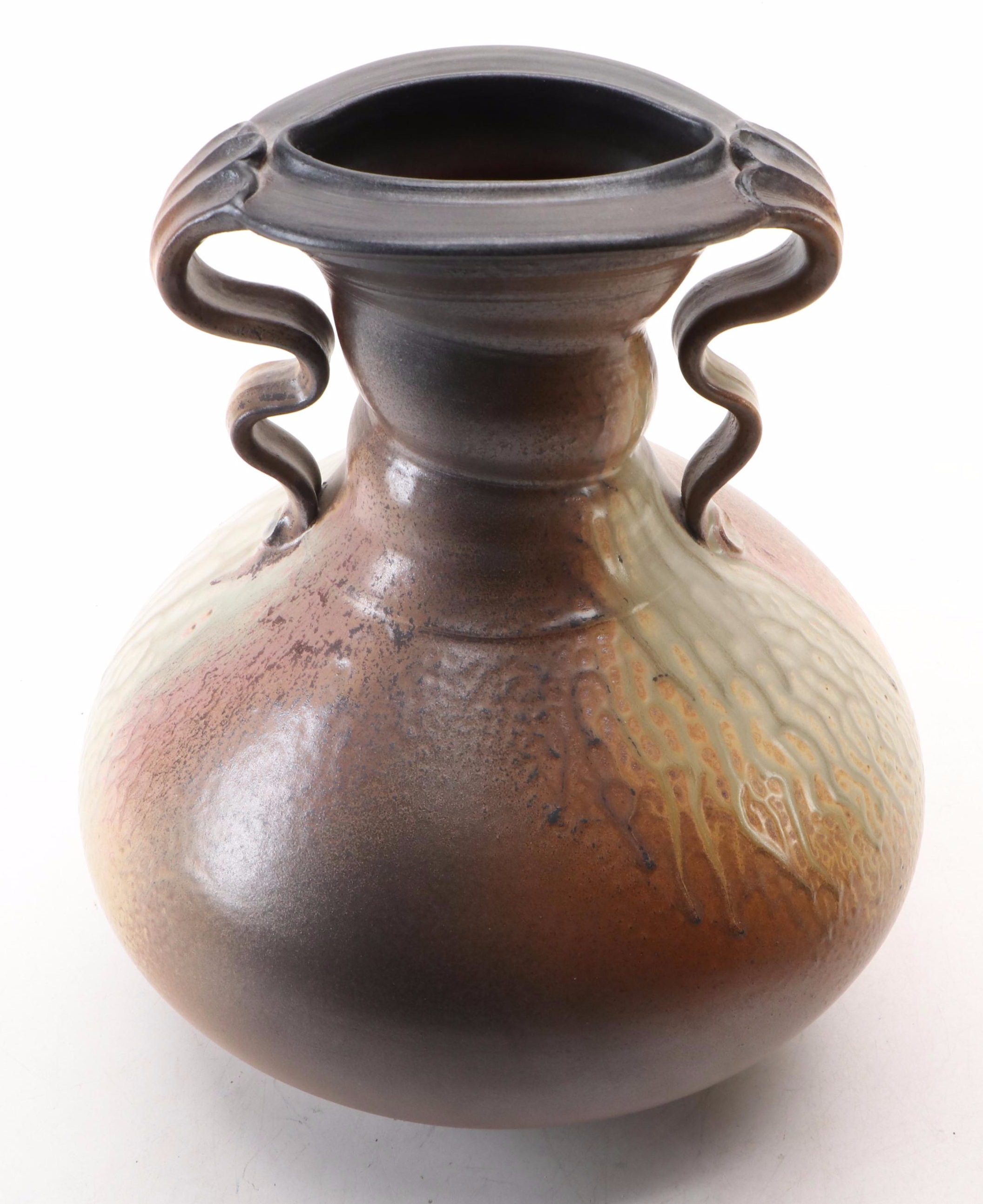 Polo Ramirez Pinched Bulb Pot with Serpent Handle Art Pottery Textured Vase