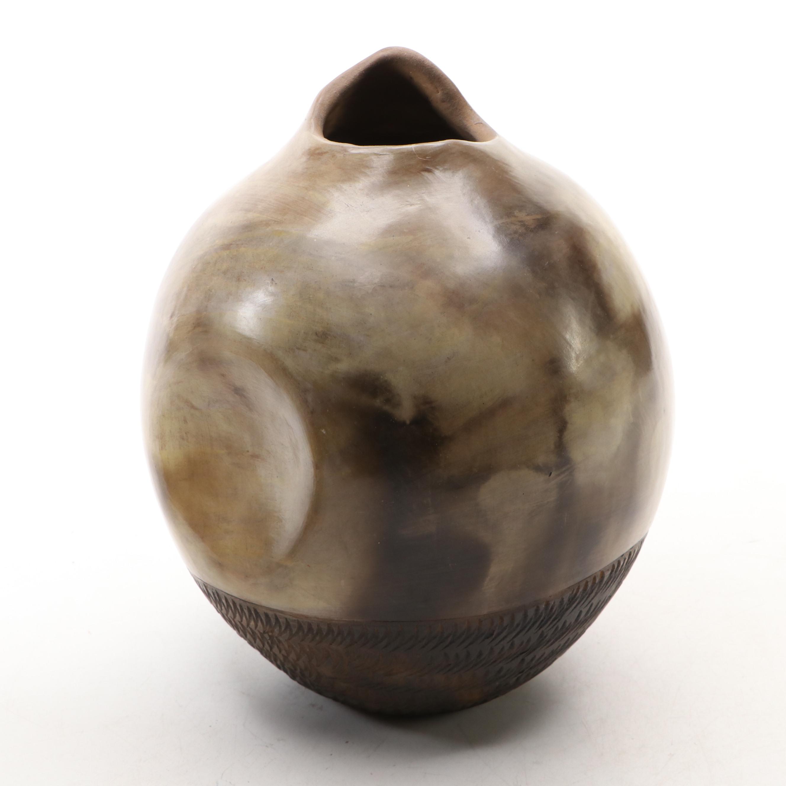 Polo Ramirez Pinched Bulb Pot with Serpent Handle Art Pottery Textured Vase