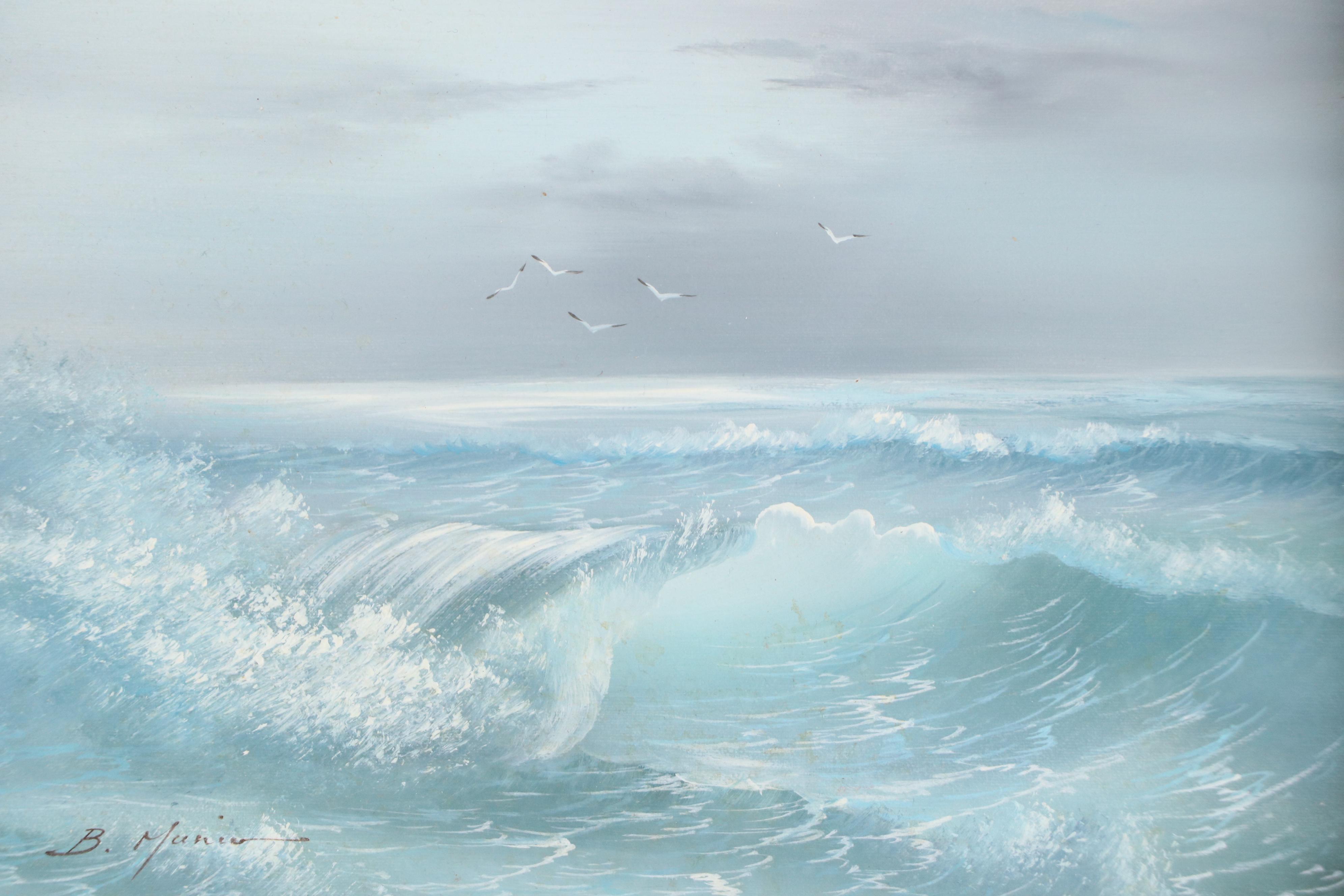 B. Munier Seascape Oil Painting with Flock of Gulls, 1987