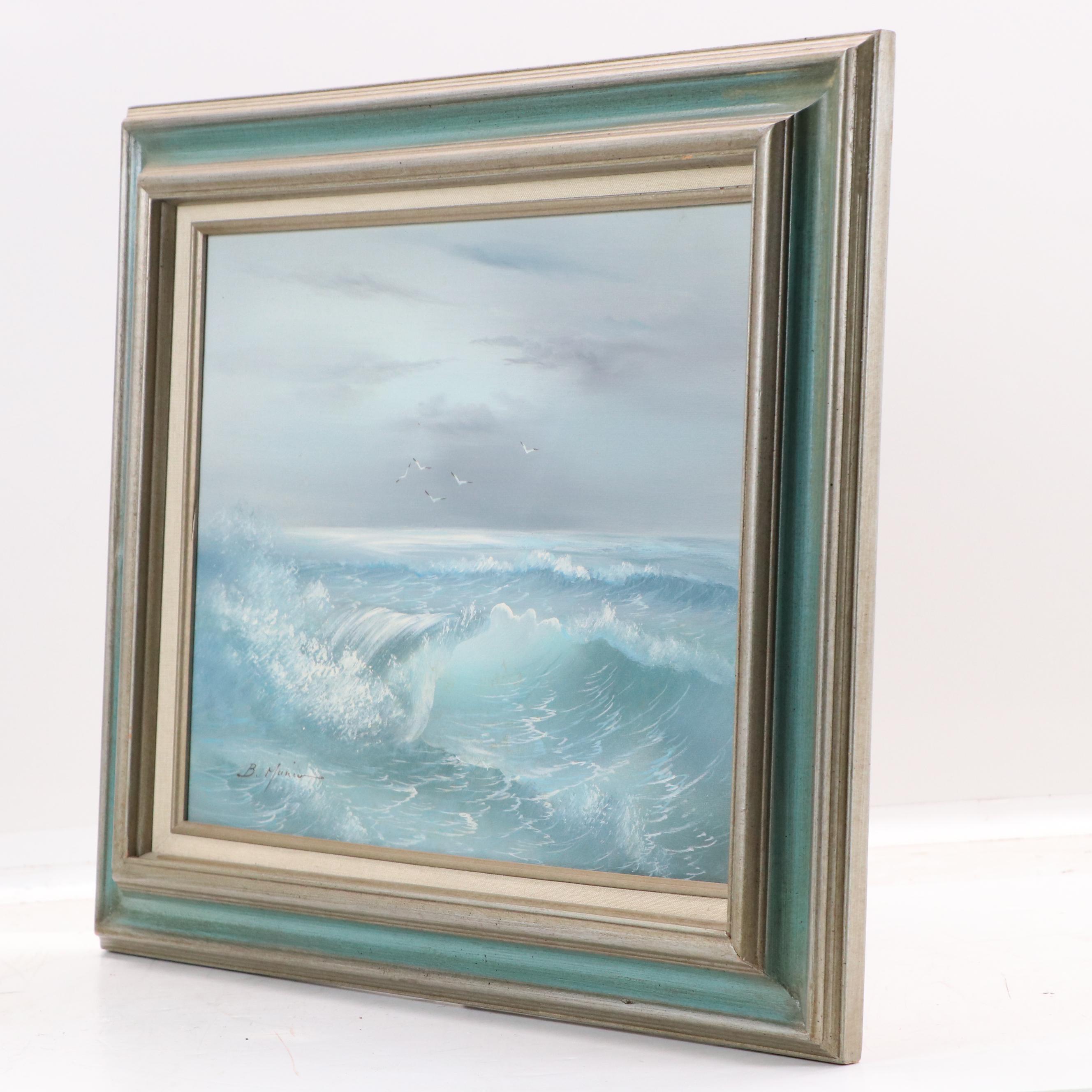 B. Munier Seascape Oil Painting with Flock of Gulls, 1987