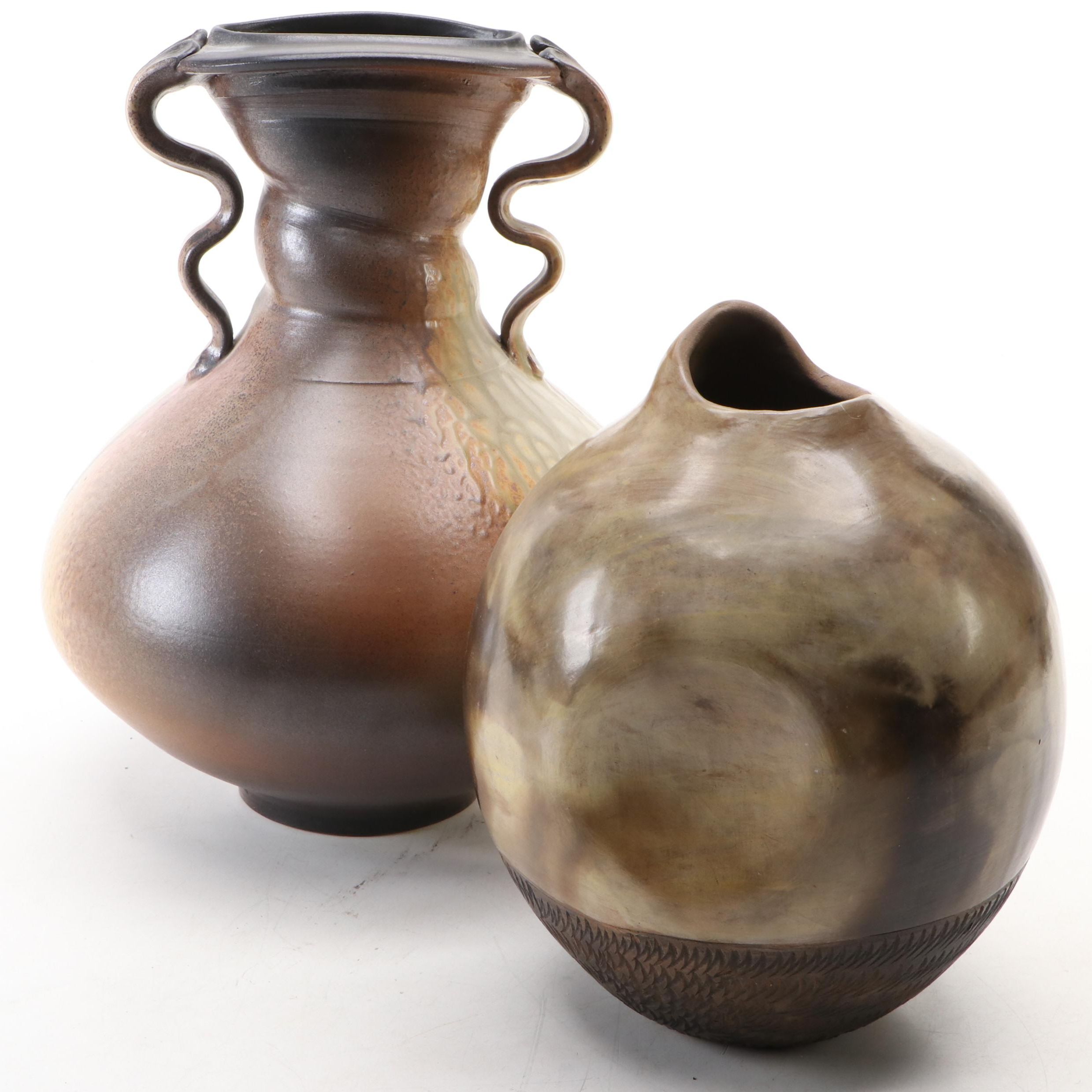 Polo Ramirez Pinched Bulb Pot with Serpent Handle Art Pottery Textured Vase