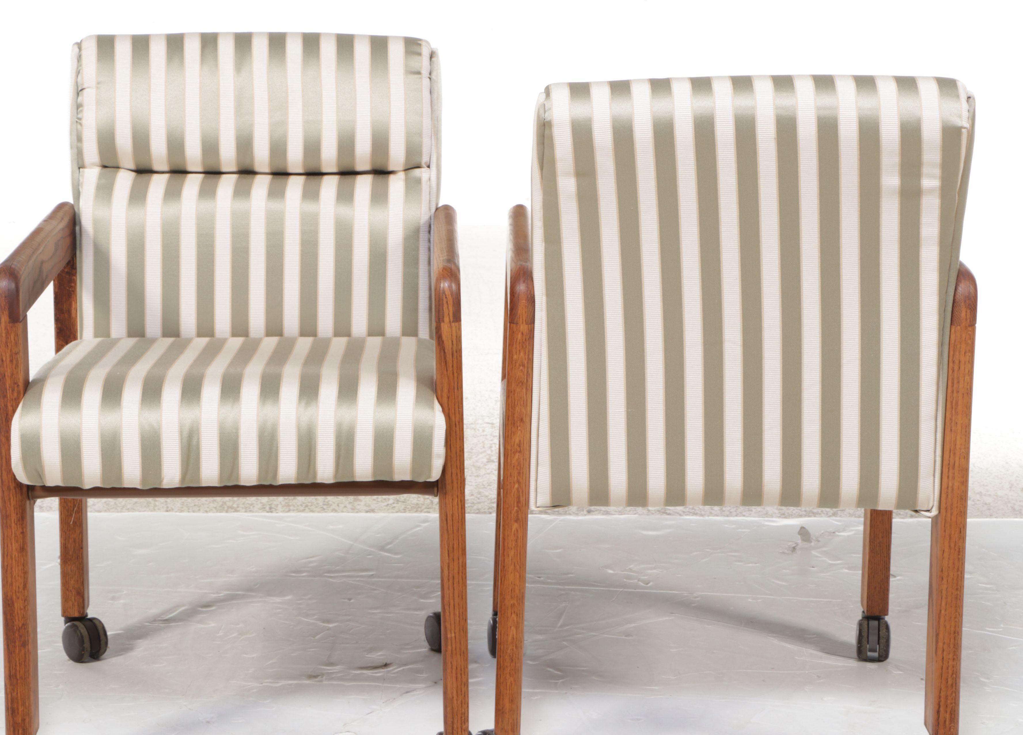 Pair of Mid Century Style Striped Upholstered Armchairs on Casters