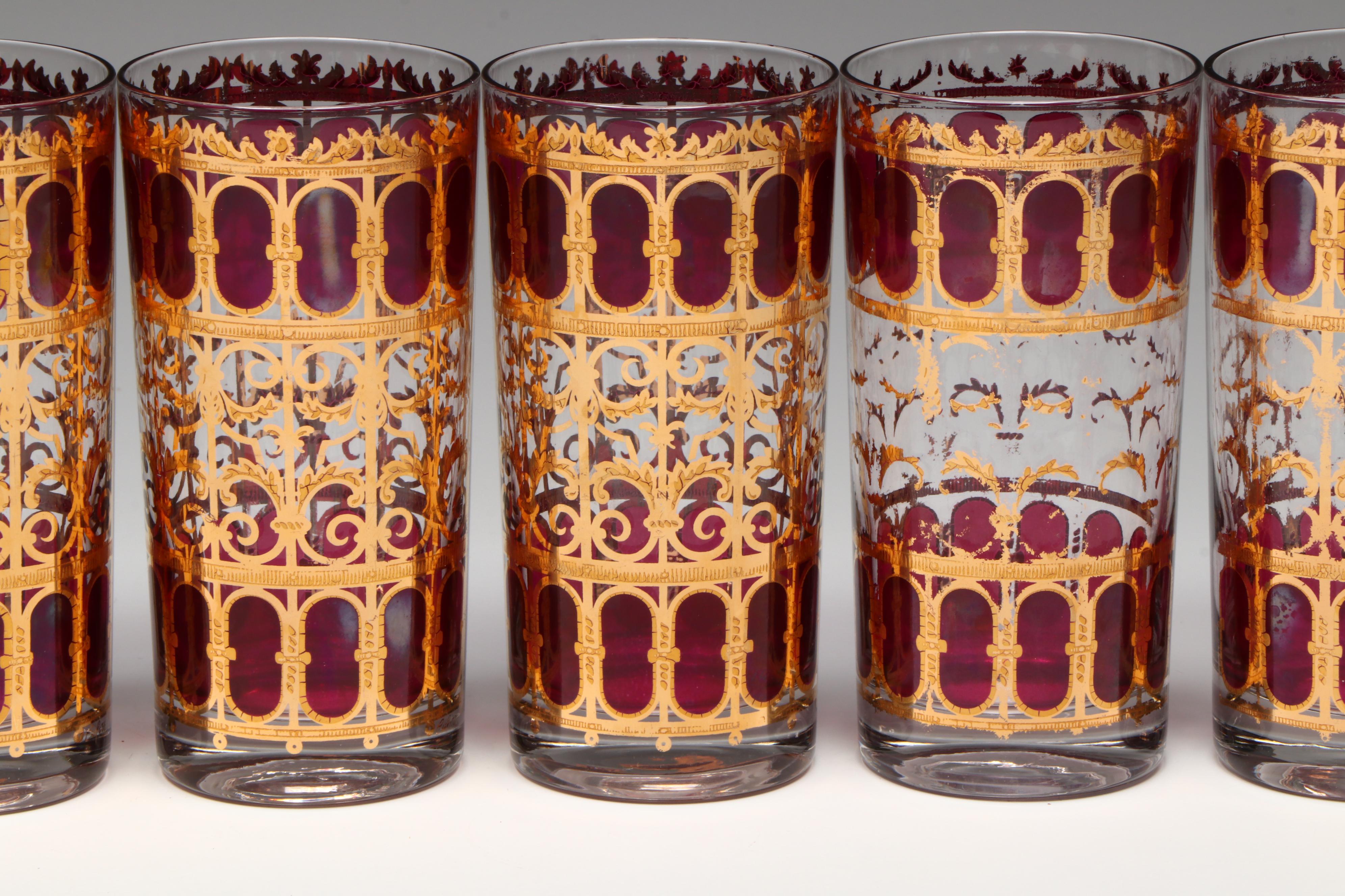 Mid Century Modern Style Culver "Cranberry Scroll" Highball Glasses