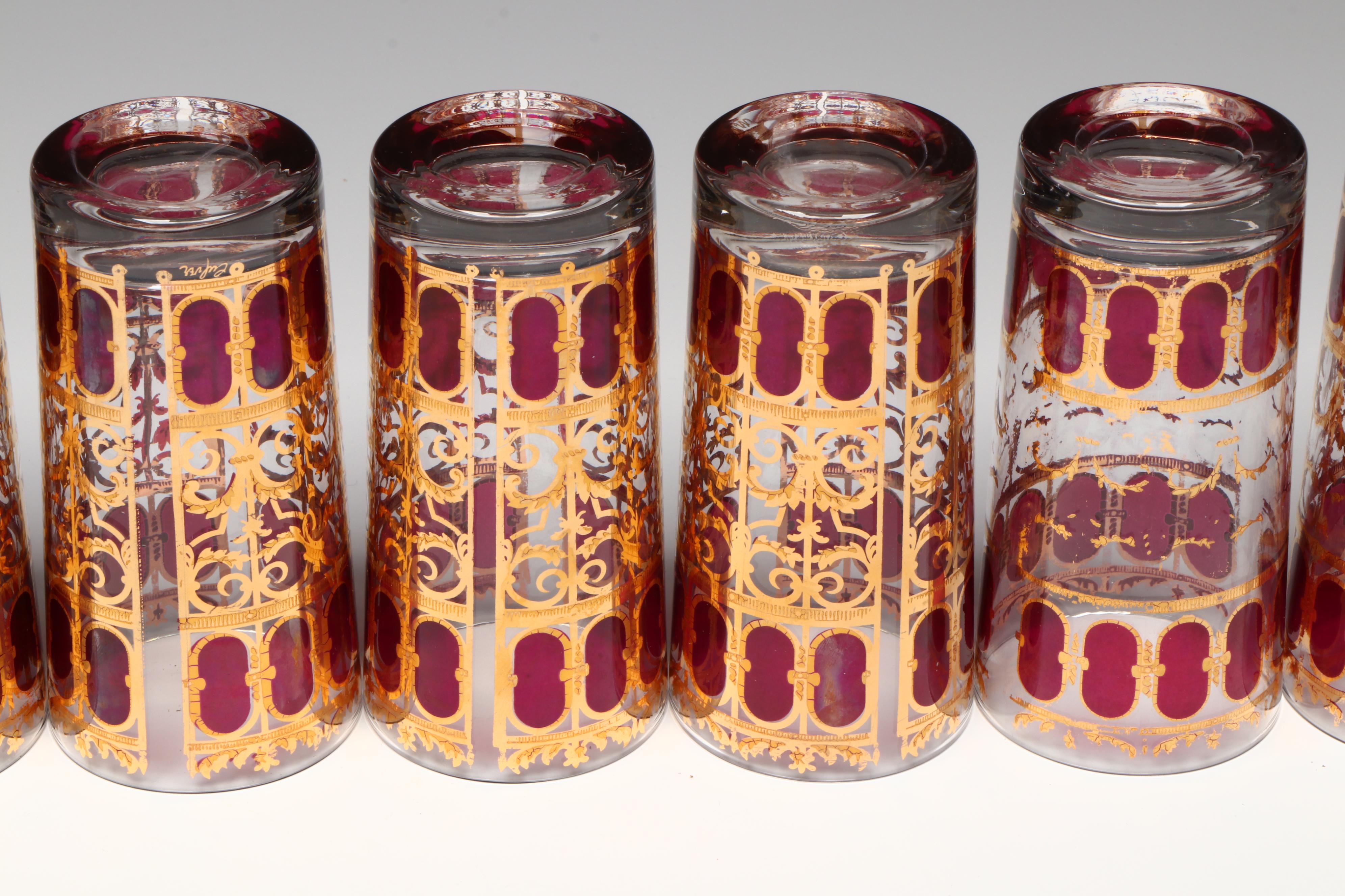 Mid Century Modern Style Culver "Cranberry Scroll" Highball Glasses