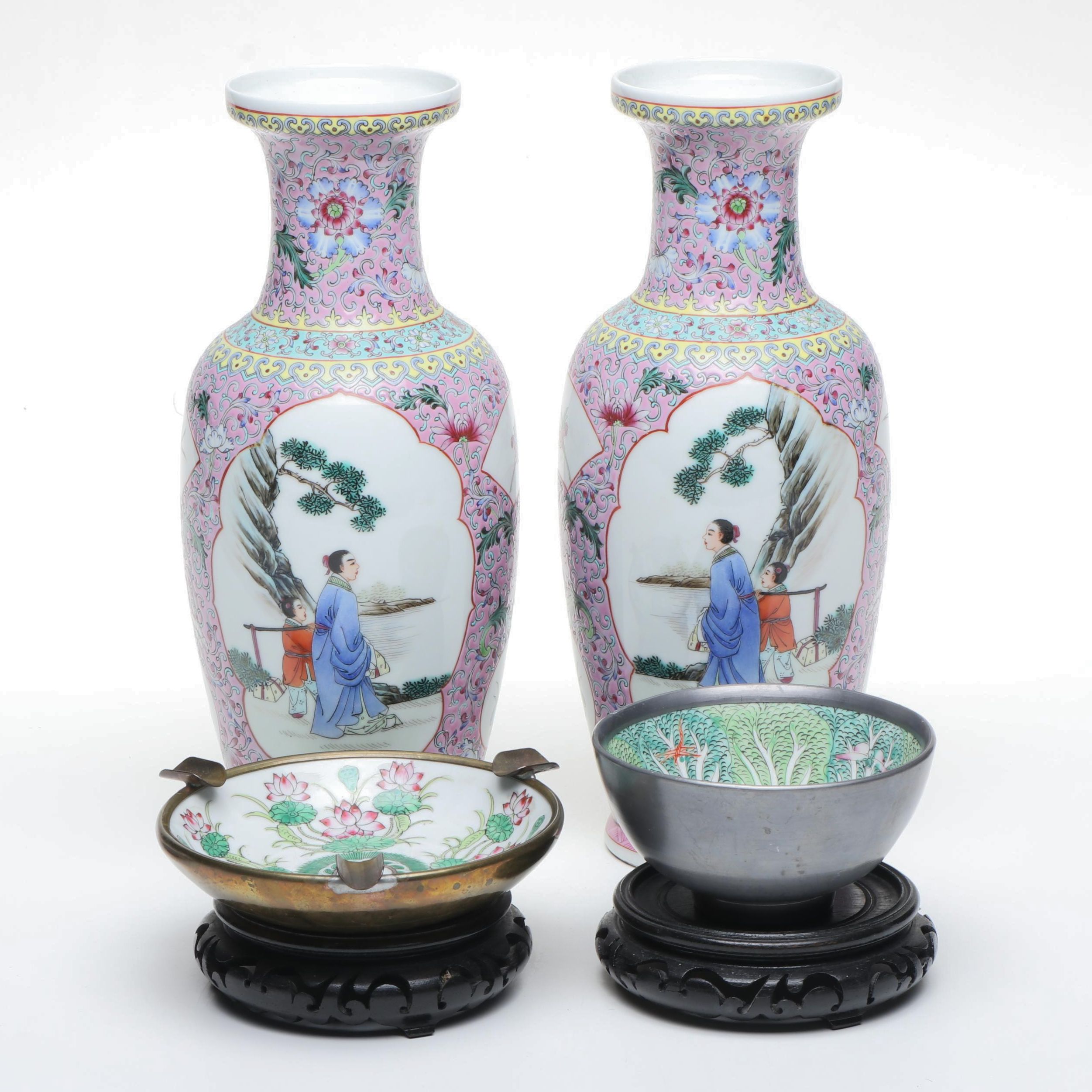 Famille Rose Porcelain Vases with Famille Verte Porcelain Ashtray and Bowl