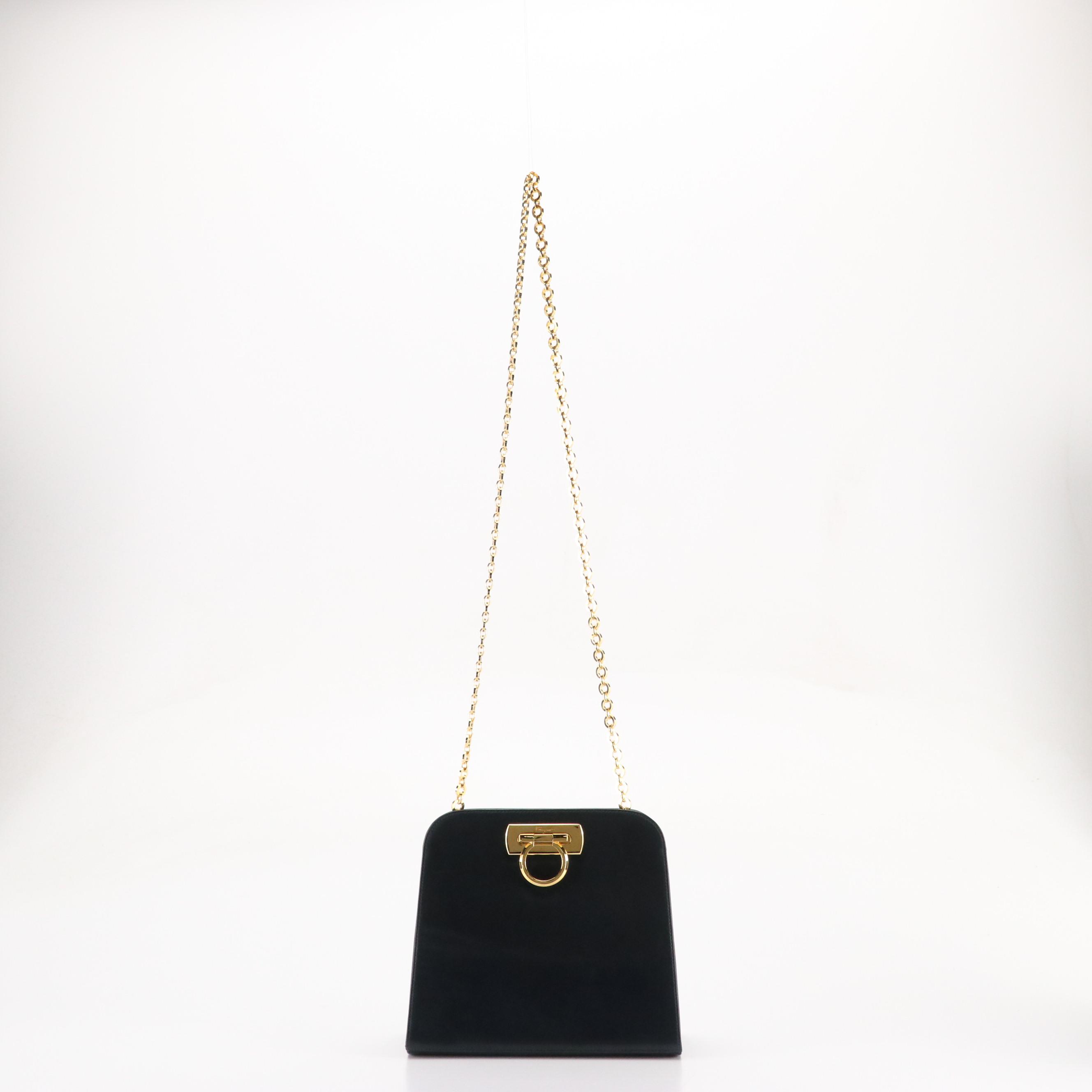 Salvatore Ferragamo Gancini Closure Chain Link Shoulder Bag in Dark Blue Leather