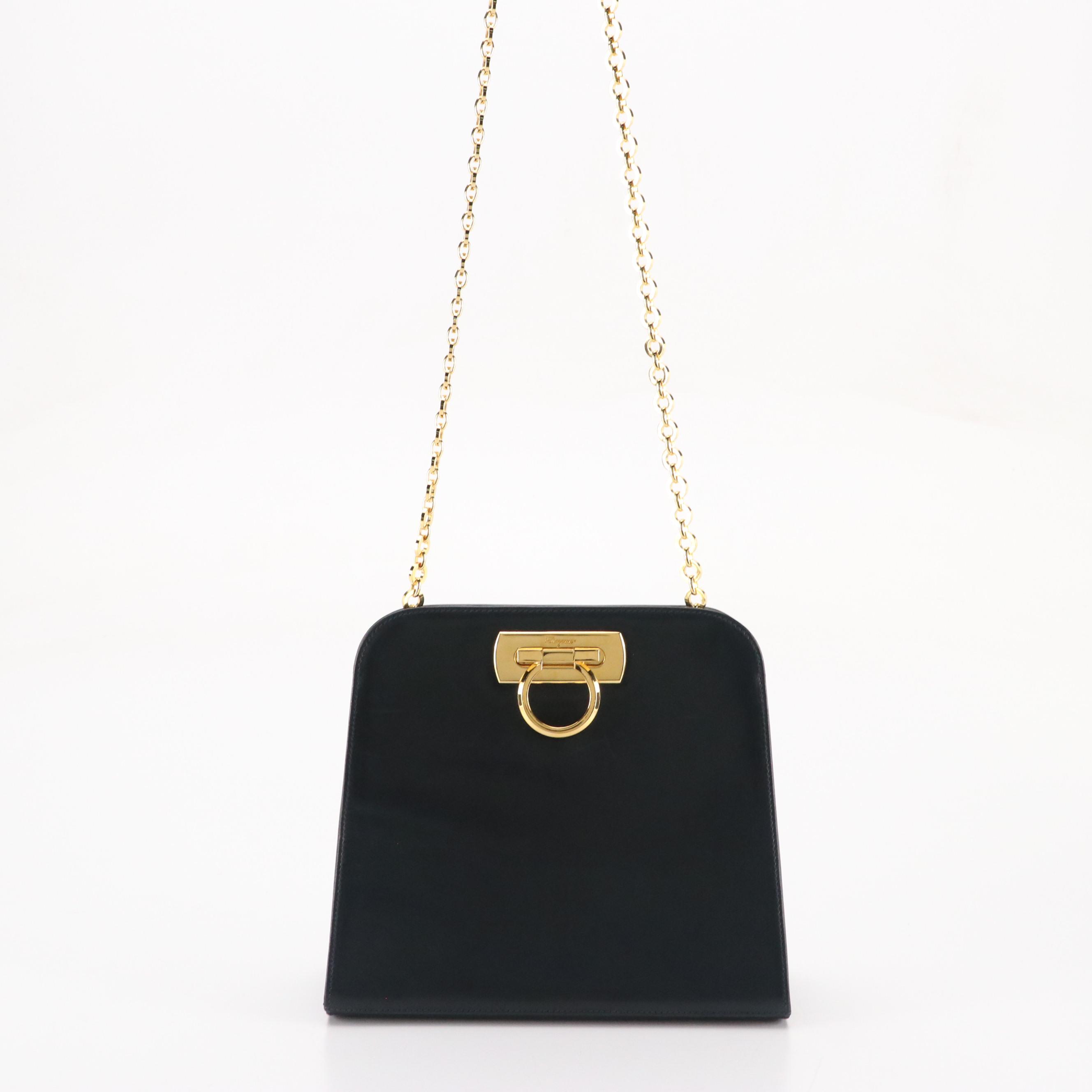 Salvatore Ferragamo Gancini Closure Chain Link Shoulder Bag in Dark Blue Leather