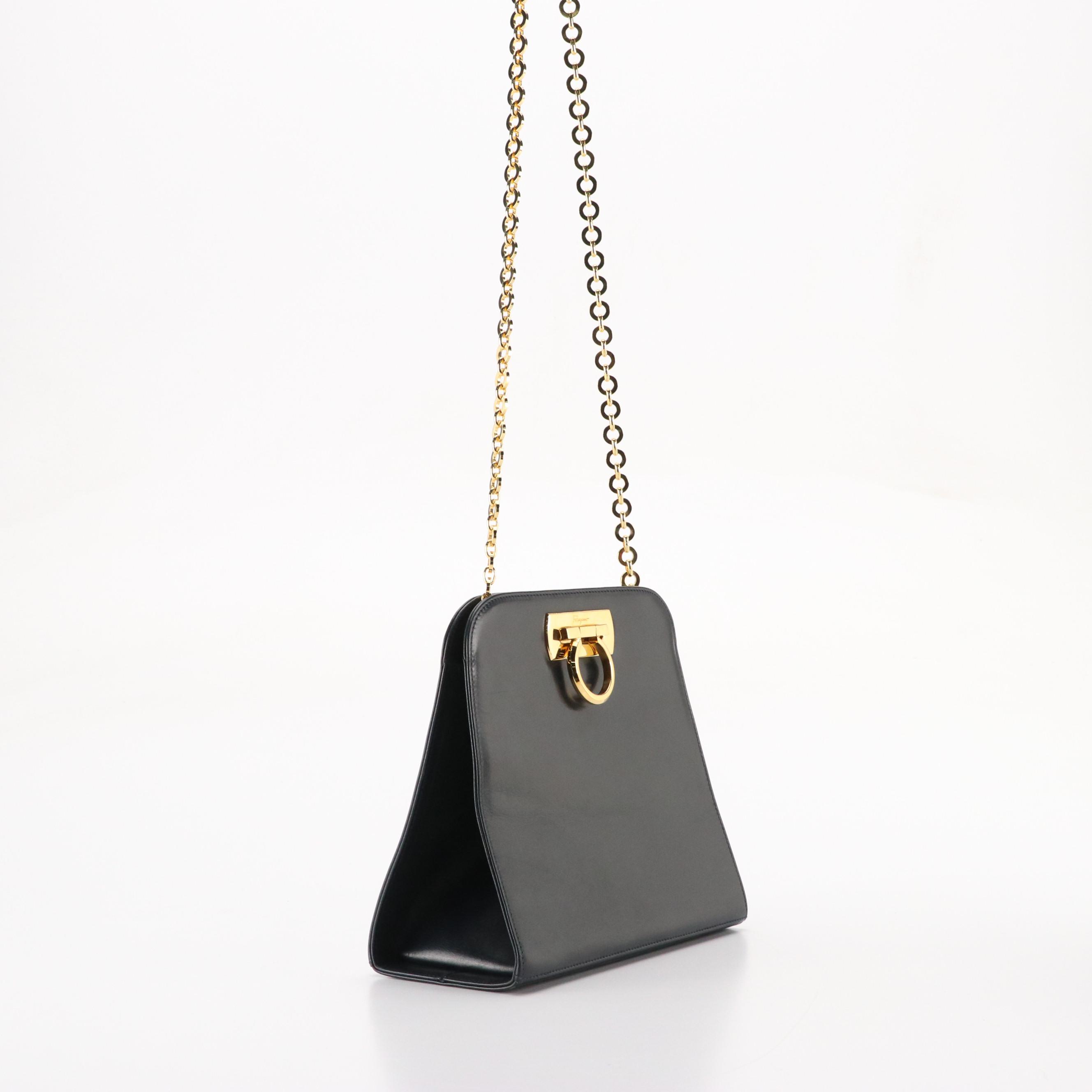 Salvatore Ferragamo Gancini Closure Chain Link Shoulder Bag in Dark Blue Leather