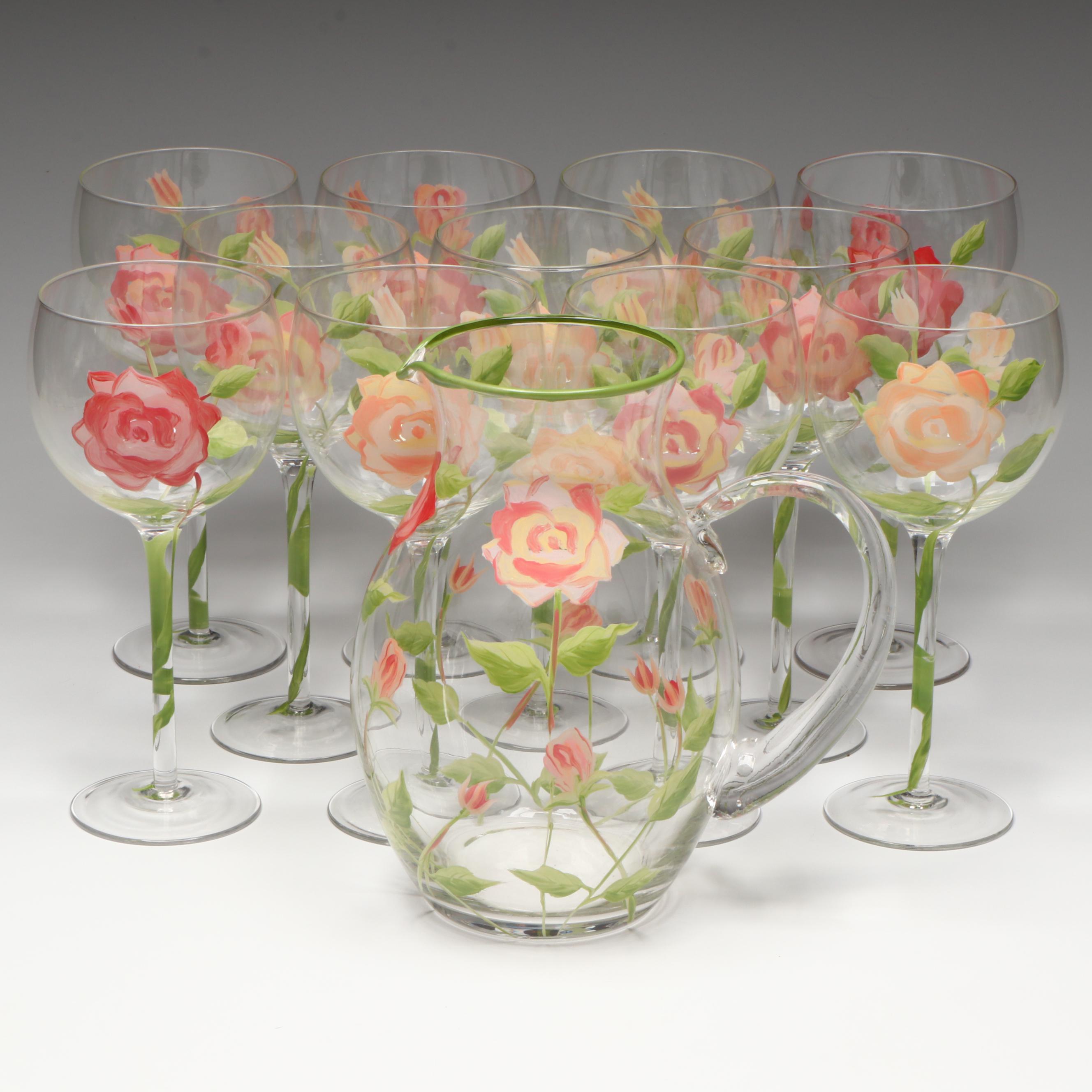 Hand-Painted Pink Rose Wine Glasses and Pitcher