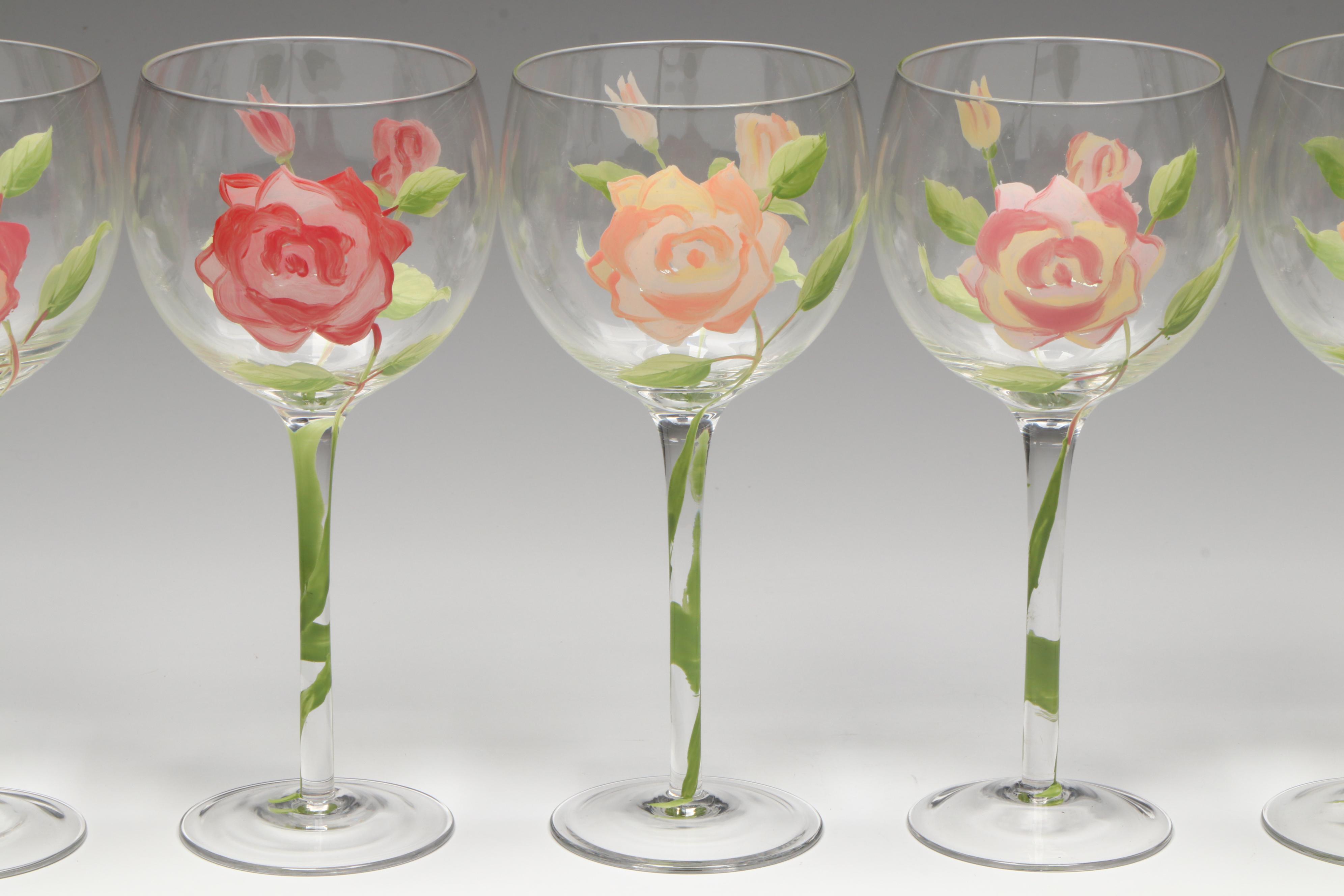Hand-Painted Pink Rose Wine Glasses and Pitcher