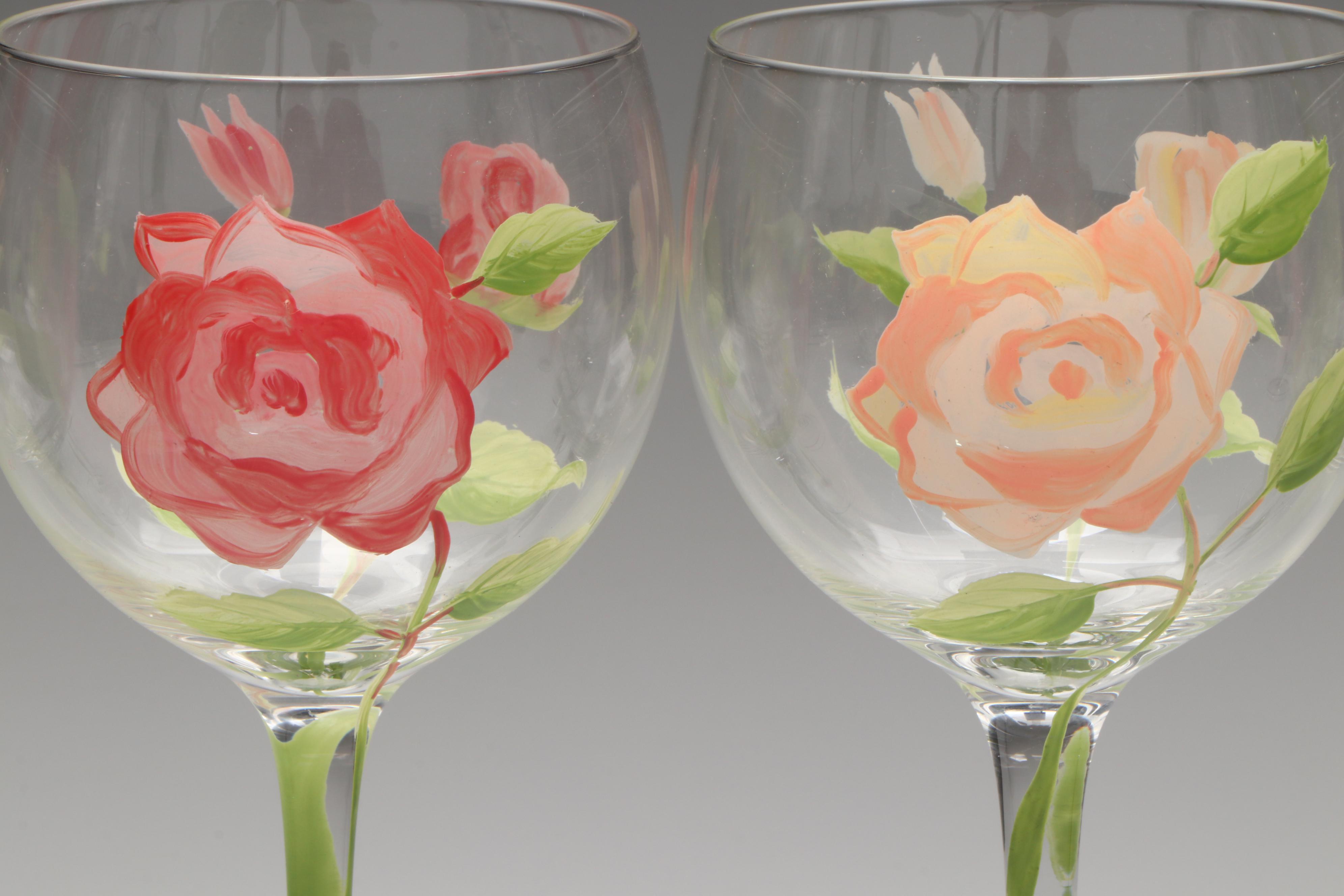 Hand-Painted Pink Rose Wine Glasses and Pitcher