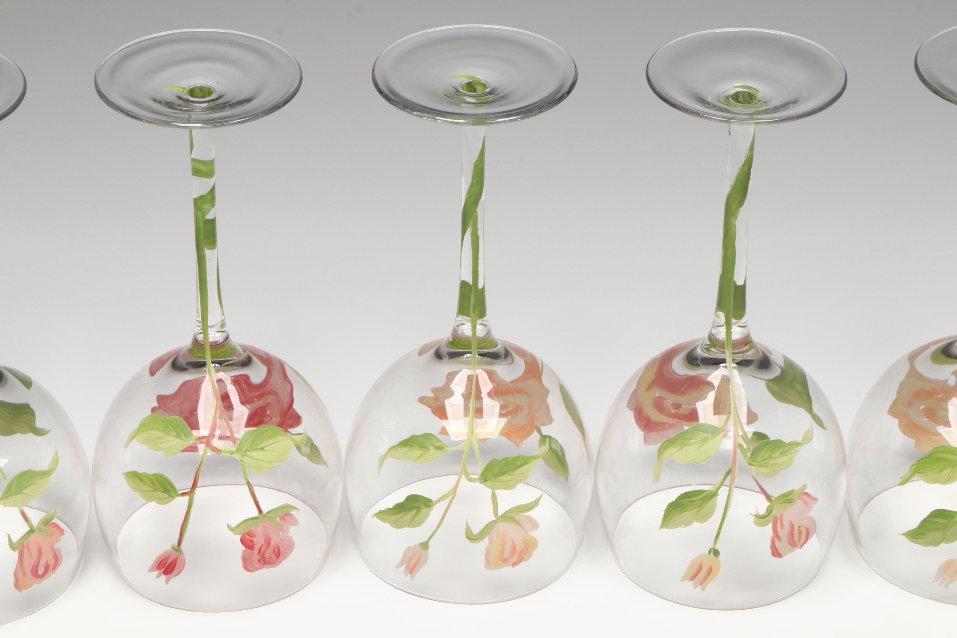 Hand-Painted Pink Rose Wine Glasses and Pitcher
