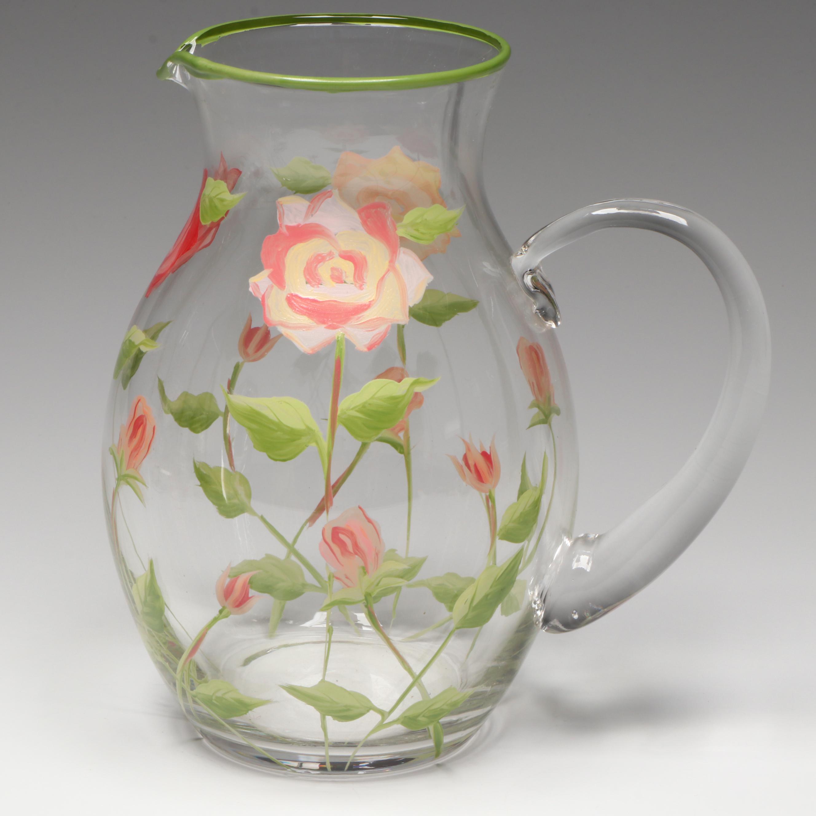 Hand-Painted Pink Rose Wine Glasses and Pitcher