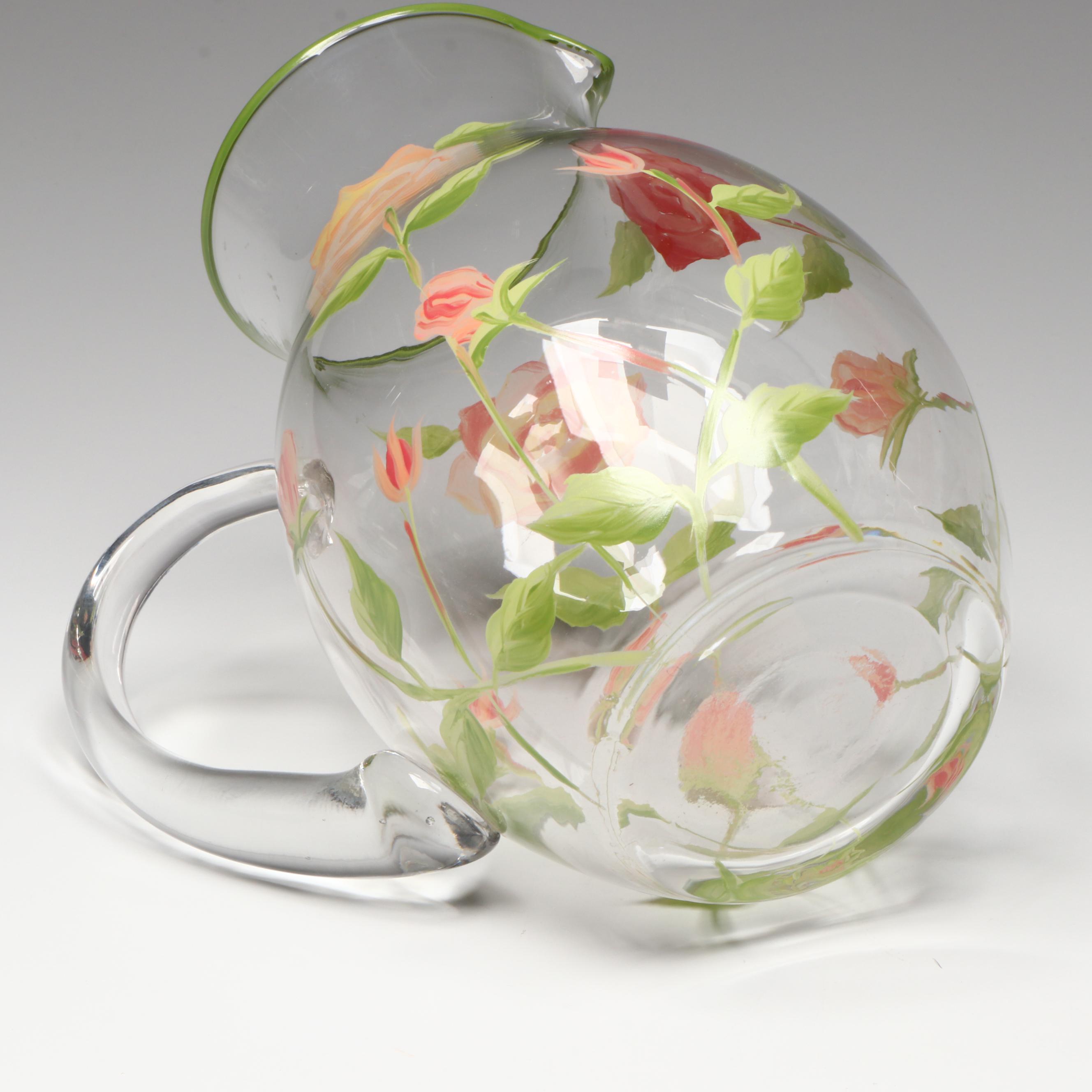 Hand-Painted Pink Rose Wine Glasses and Pitcher