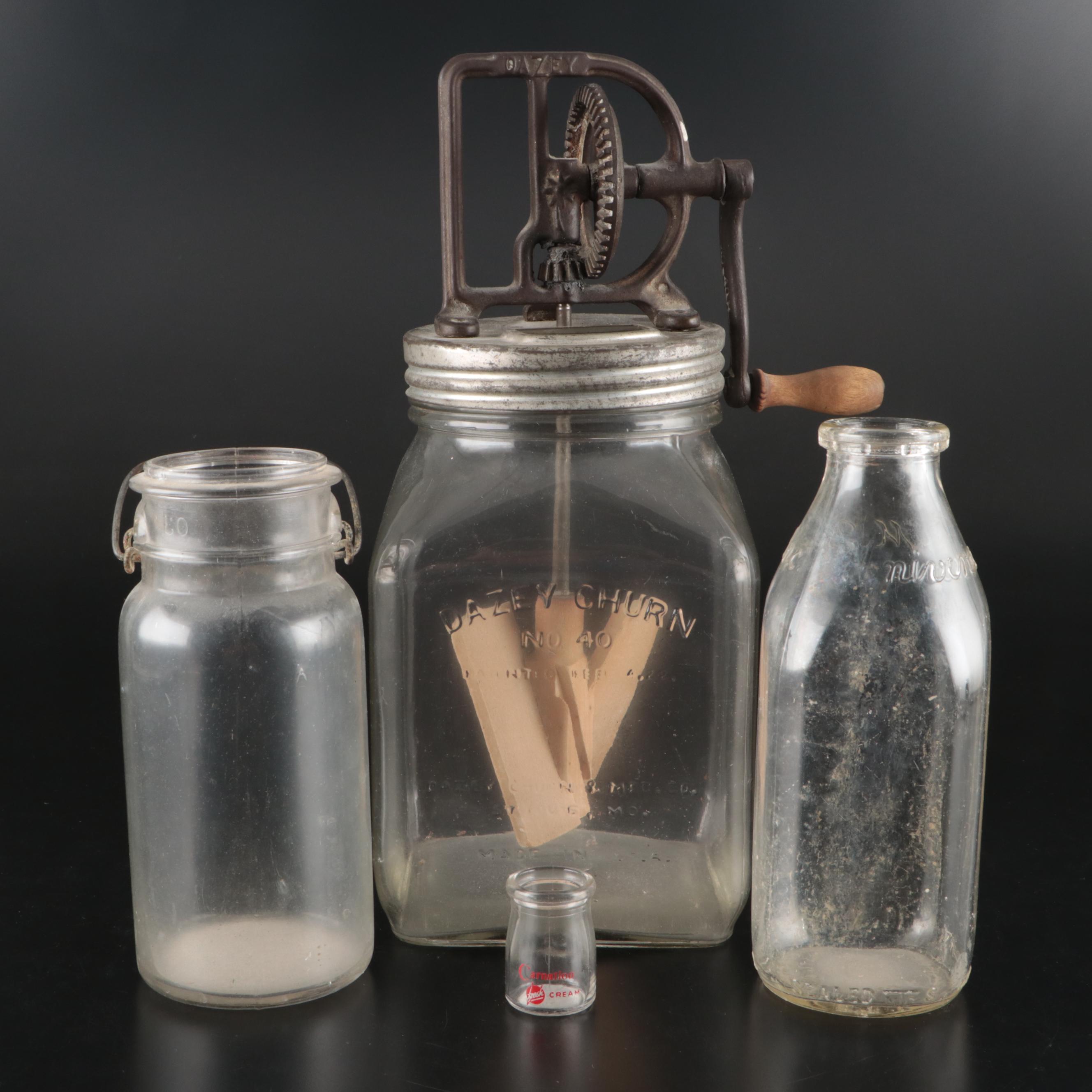 Dazey Butter Churn No. 40 with Glass Milk Bottle and Jars