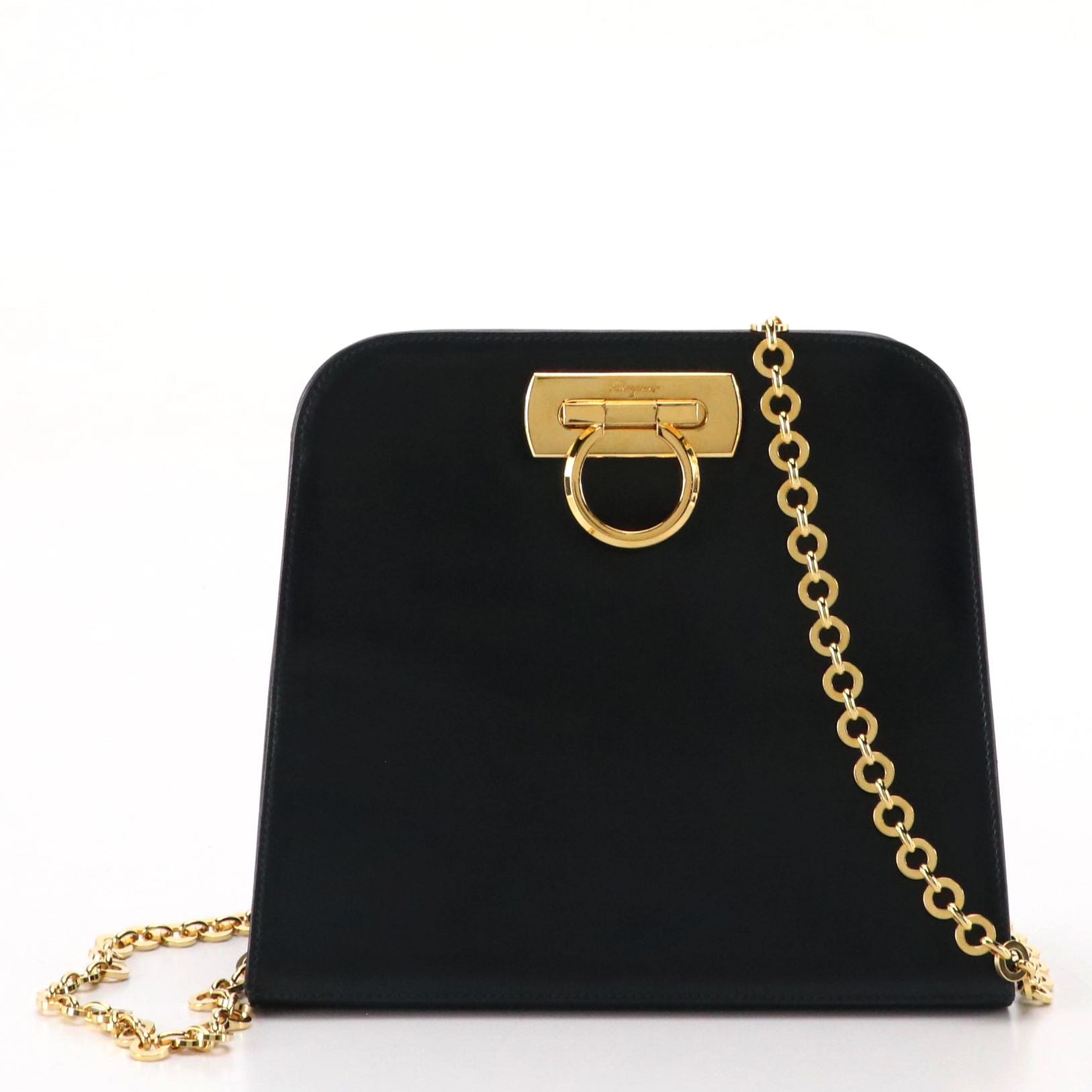 Salvatore Ferragamo Gancini Closure Chain Link Shoulder Bag in Dark Blue Leather