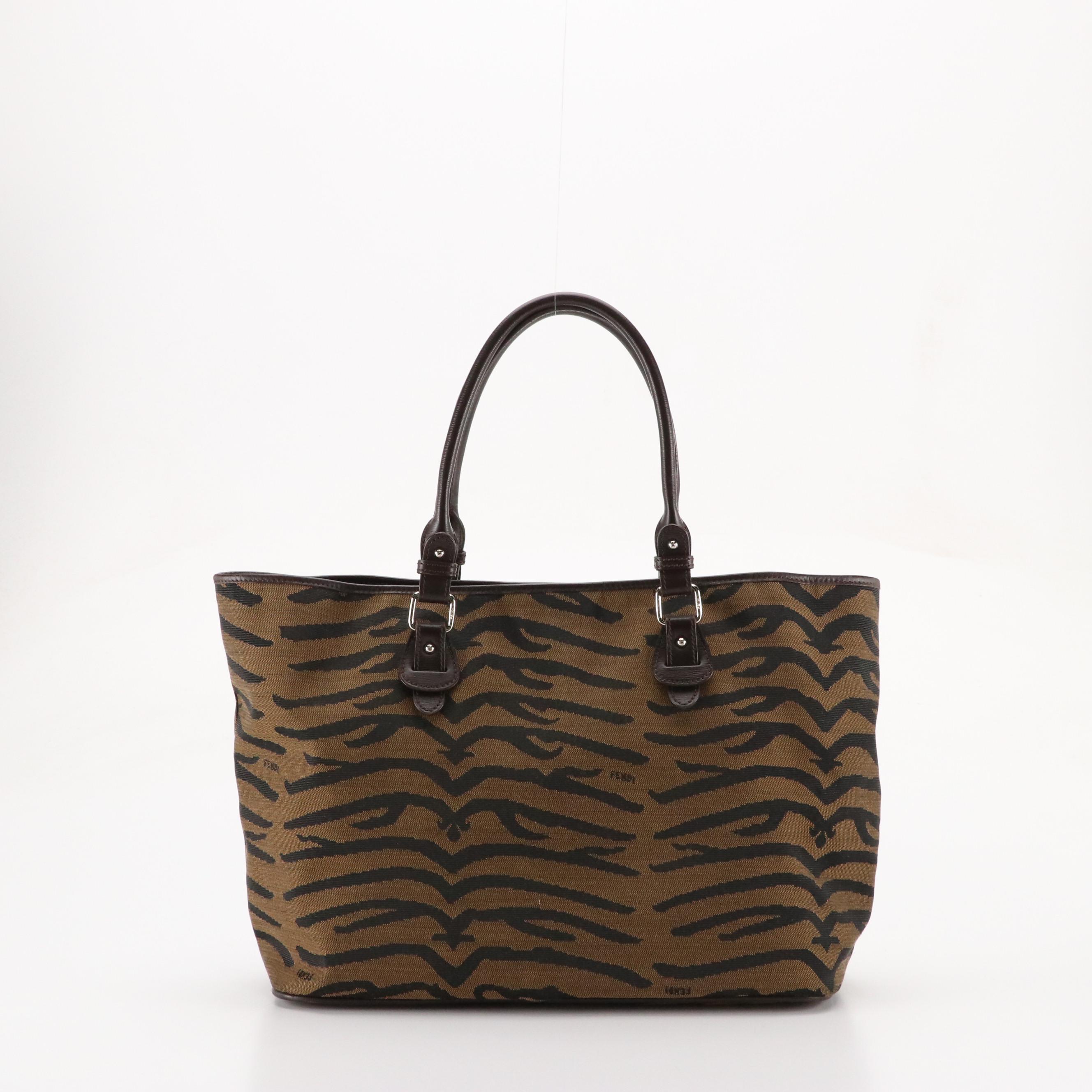 Fendi Tote Bag in Zebra Nylon Jacquard and Brown Leather Trim