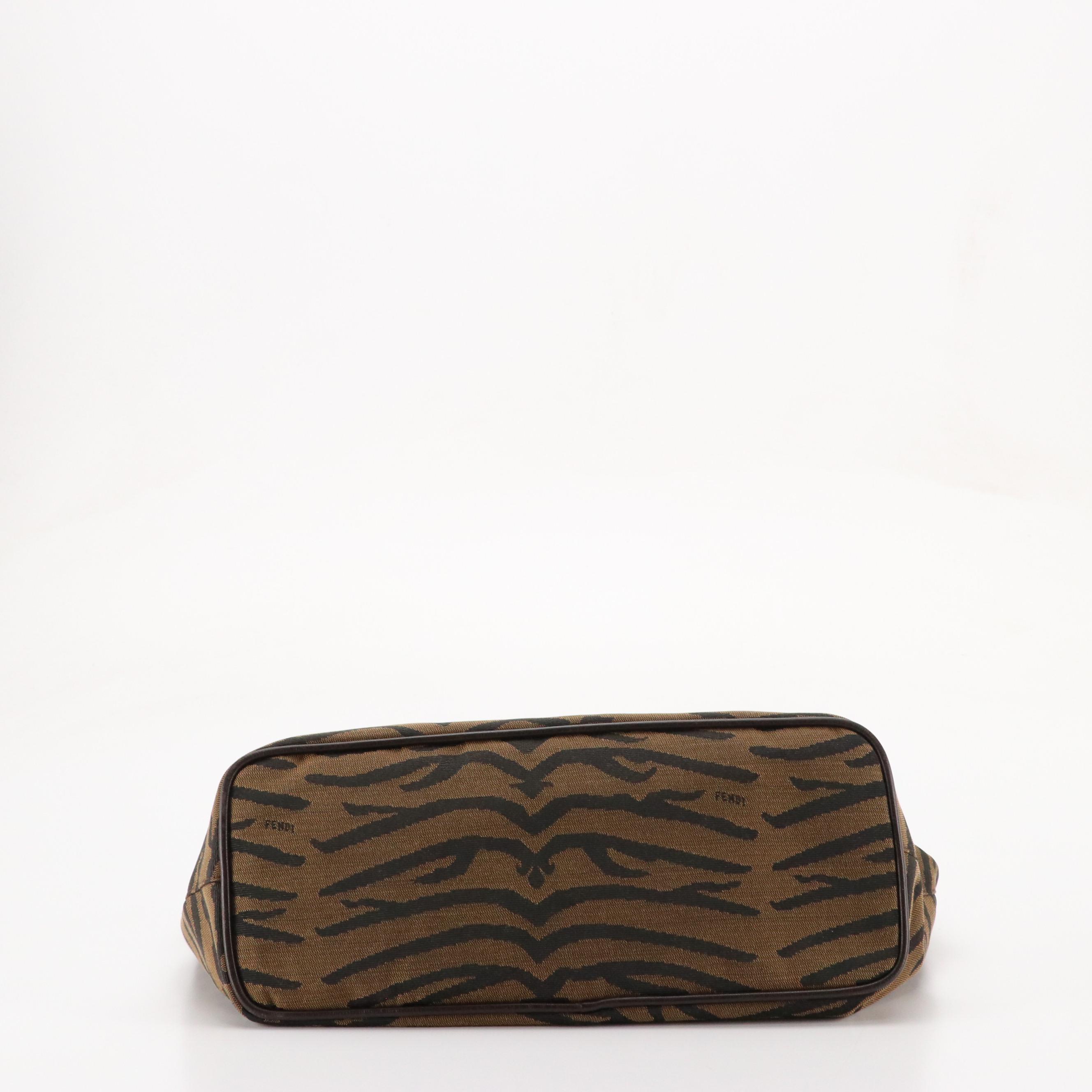 Fendi Tote Bag in Zebra Nylon Jacquard and Brown Leather Trim