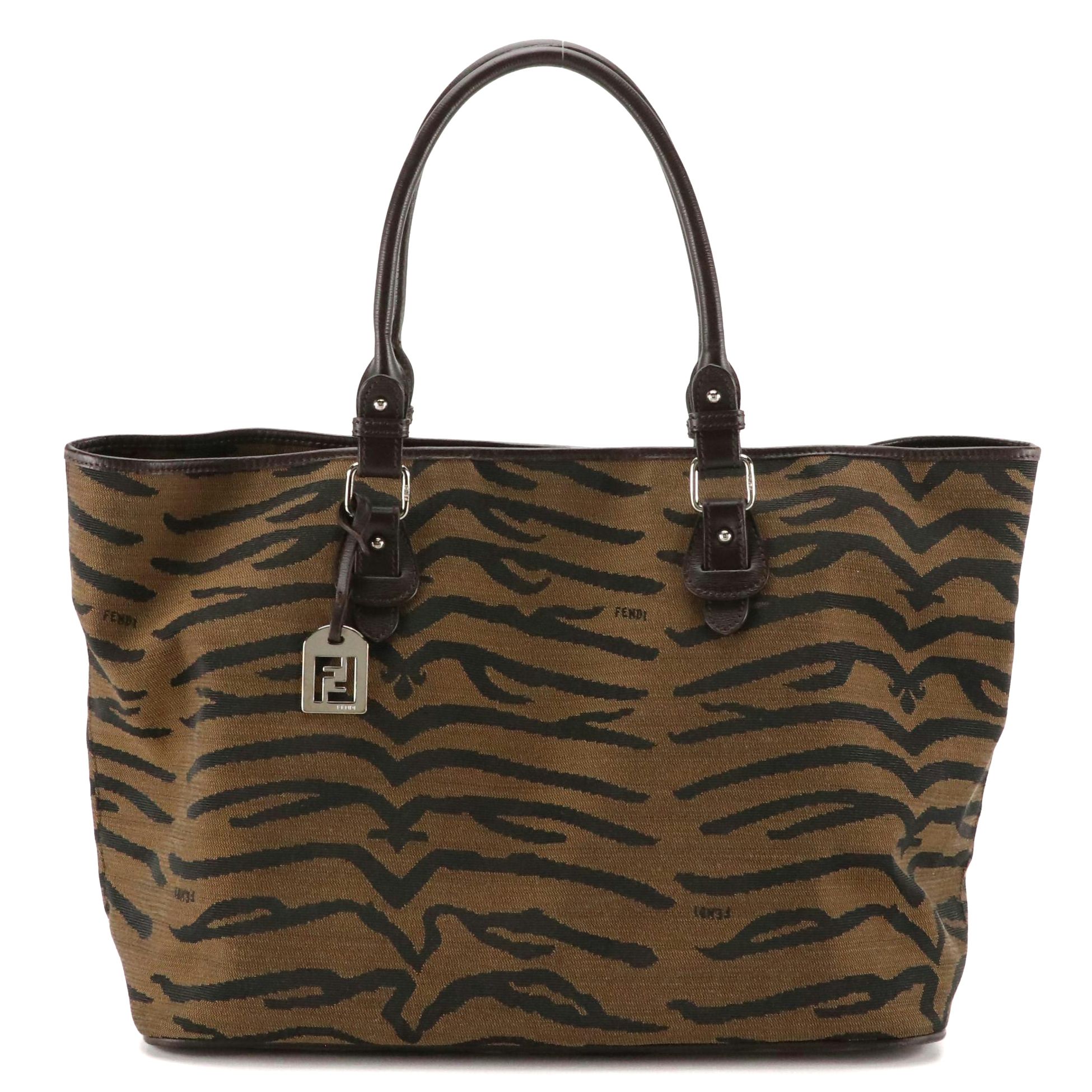 Fendi Tote Bag in Zebra Nylon Jacquard and Brown Leather Trim