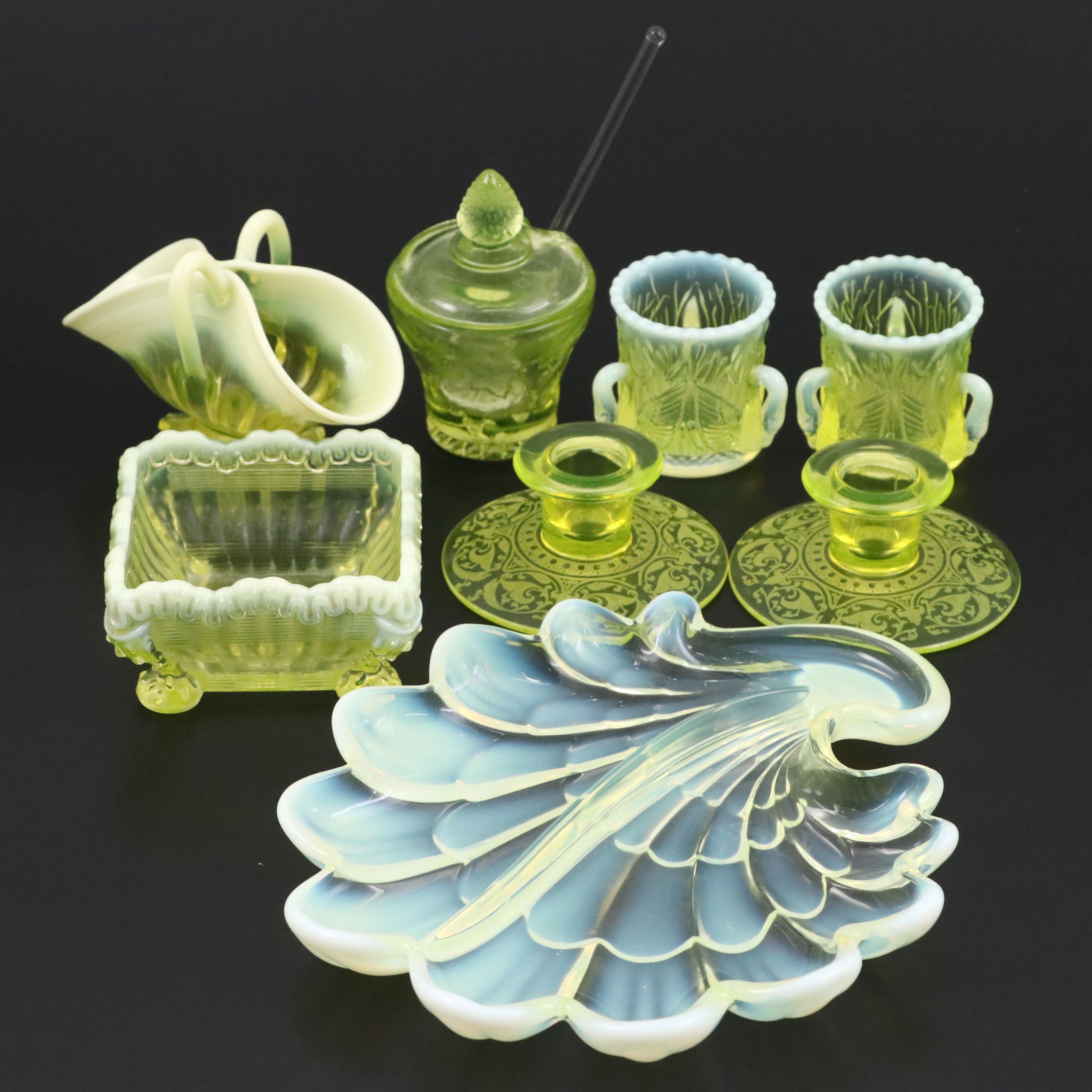 Duncan & Miller "Sanibel" Vaseline Glass Relish Dish with More Tableware