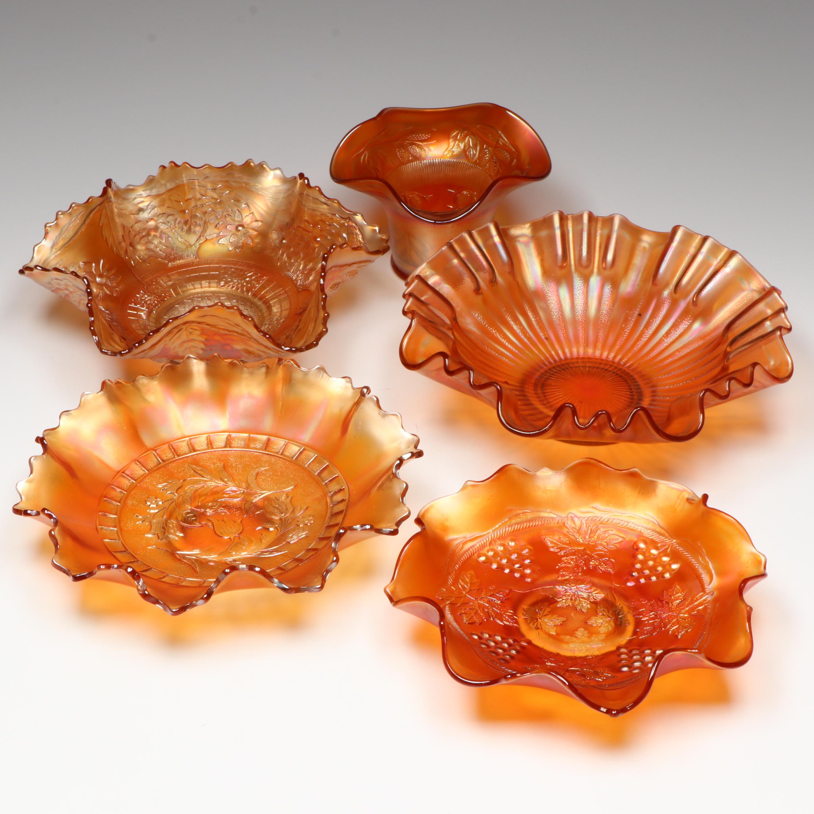 Fenton "Grape and Cable" Ruffled Carnival Glass Dish with More Marigold Bowls