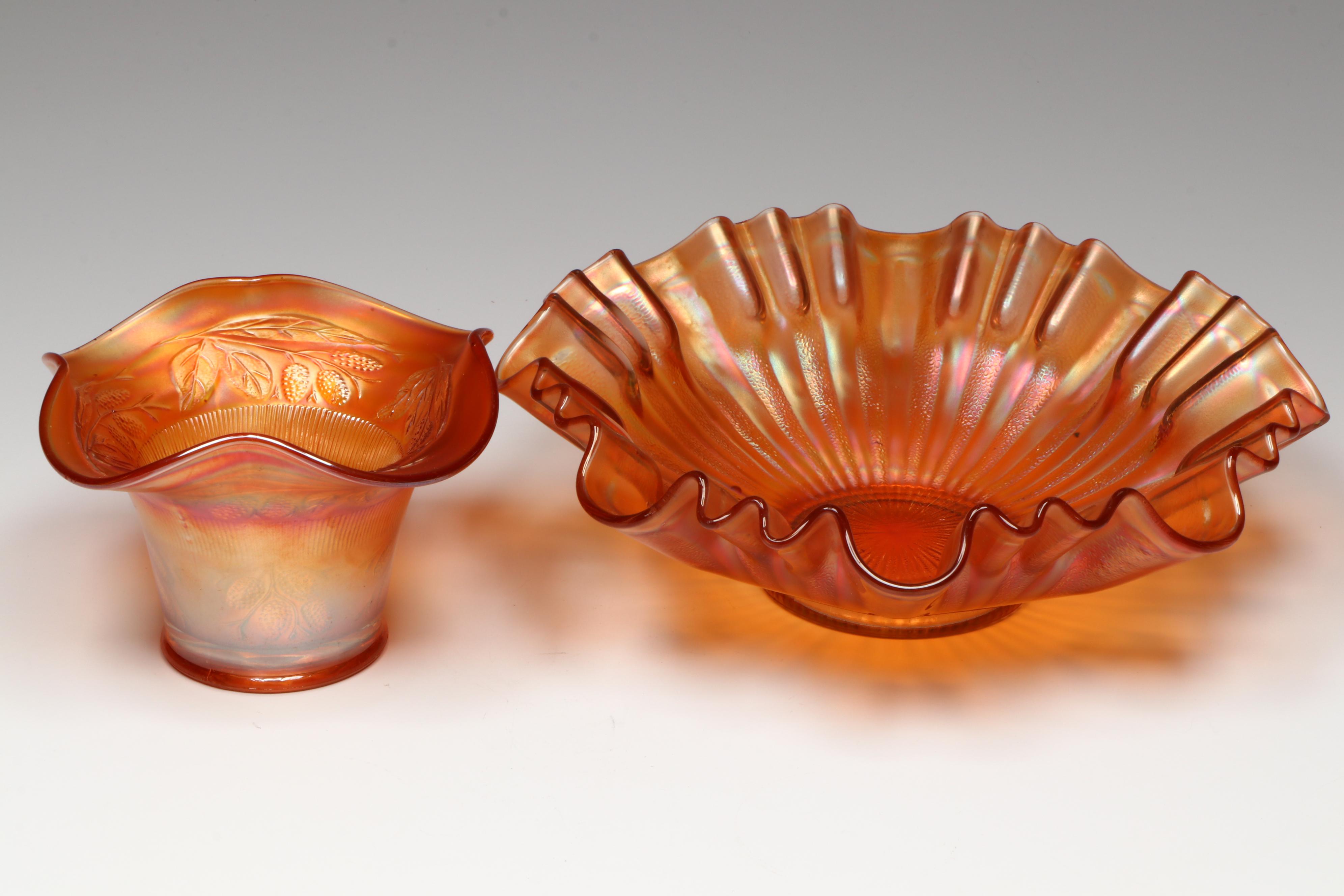 Fenton "Grape and Cable" Ruffled Carnival Glass Dish with More Marigold Bowls