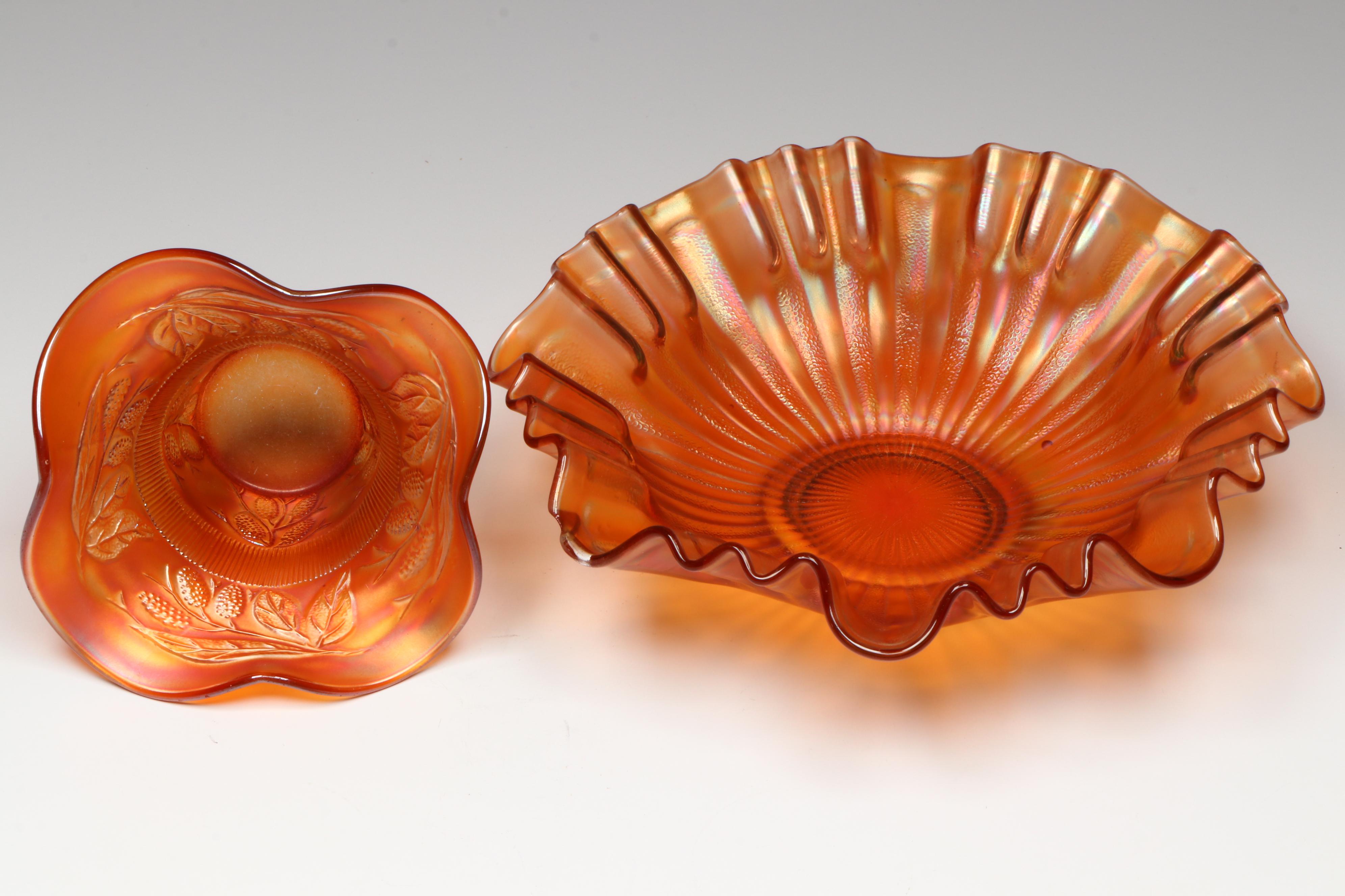 Fenton "Grape and Cable" Ruffled Carnival Glass Dish with More Marigold Bowls